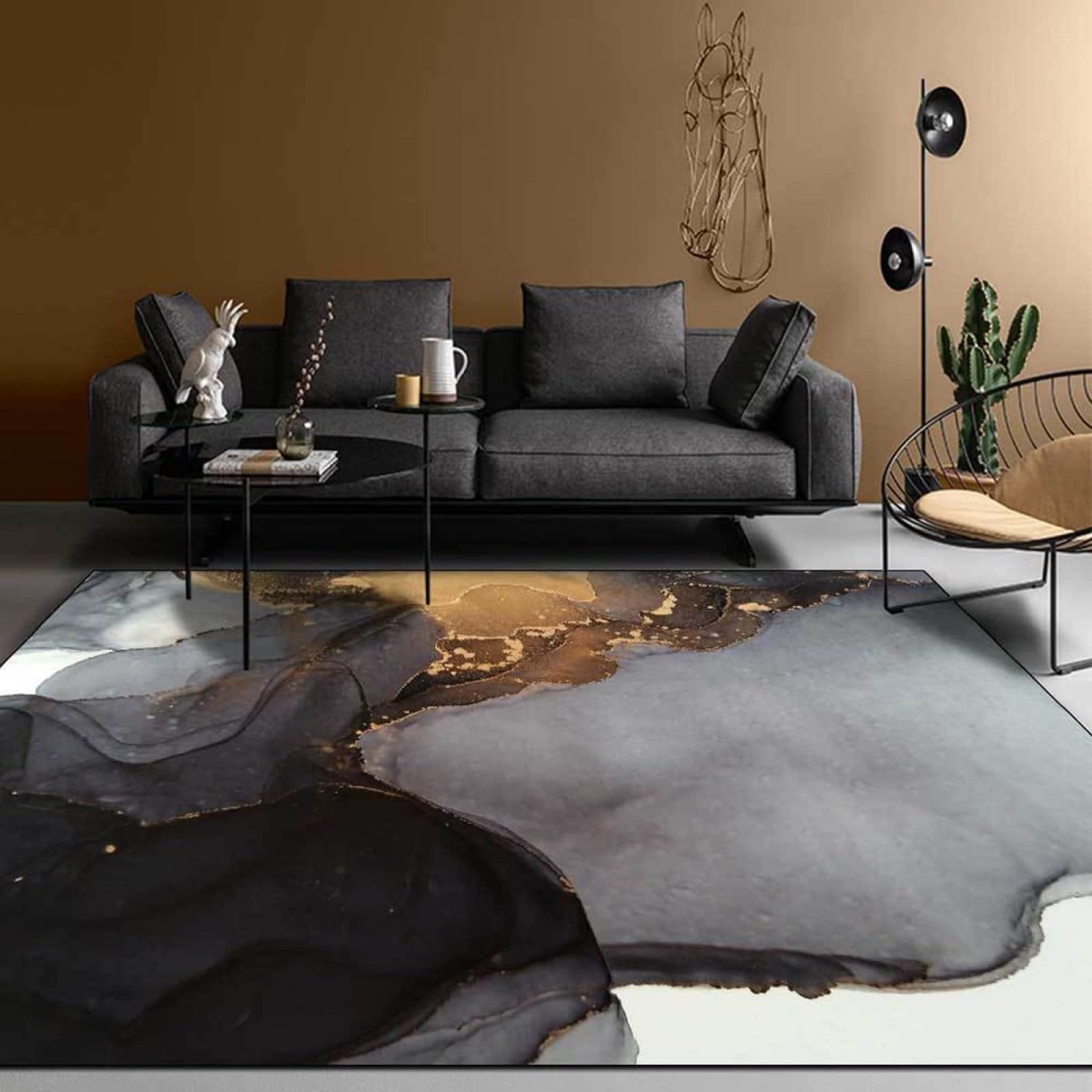 Modern Non-Slip Rectangle Carpet Grey Gold Black Abstract Large Waves for Home Office,Living Room,Bedroom,Kitchen Soft Rug 39" x 63"