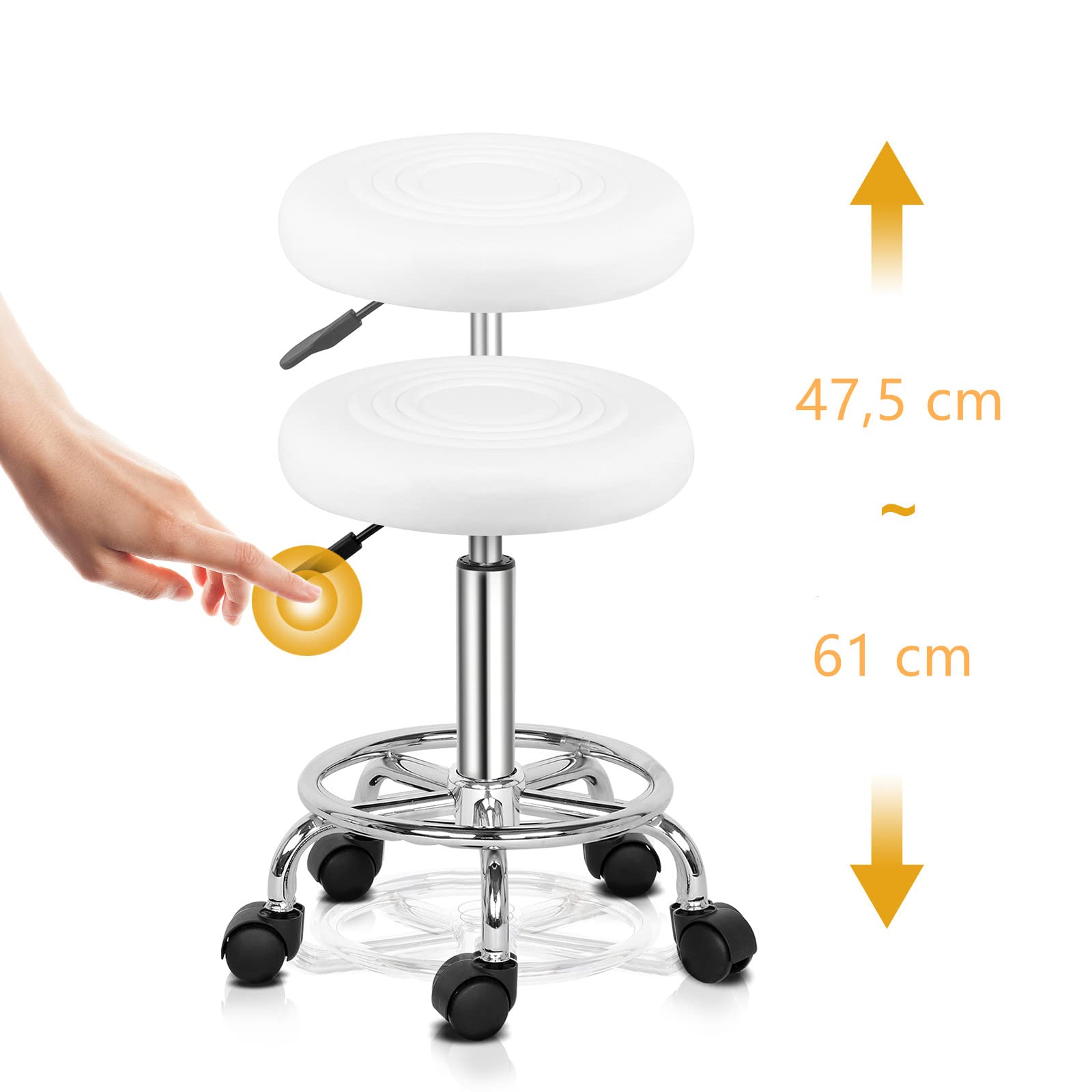 Bonnlo Tabouret de Bureau Tabouret à roulettes Rotation à 360° et Hauteur Réglable 47,5-61 cm pour Salon de Manucure, Salon de Beauté, Spas et Bureax, Blanc