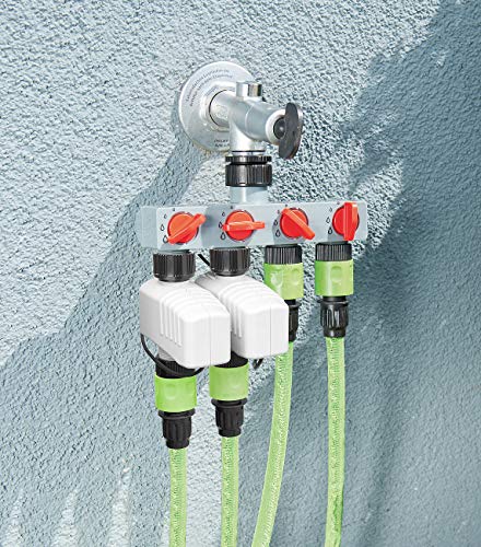 Royal Gardineer Automatische Wasseruhr: Elektronisch gesteuertes Magnet-Ventil im 2er-Set mit 4-Wege-Verteiler (Gartenschlauch Ventil elektrisch, Magnetventil Gartenschlauch, Timer)