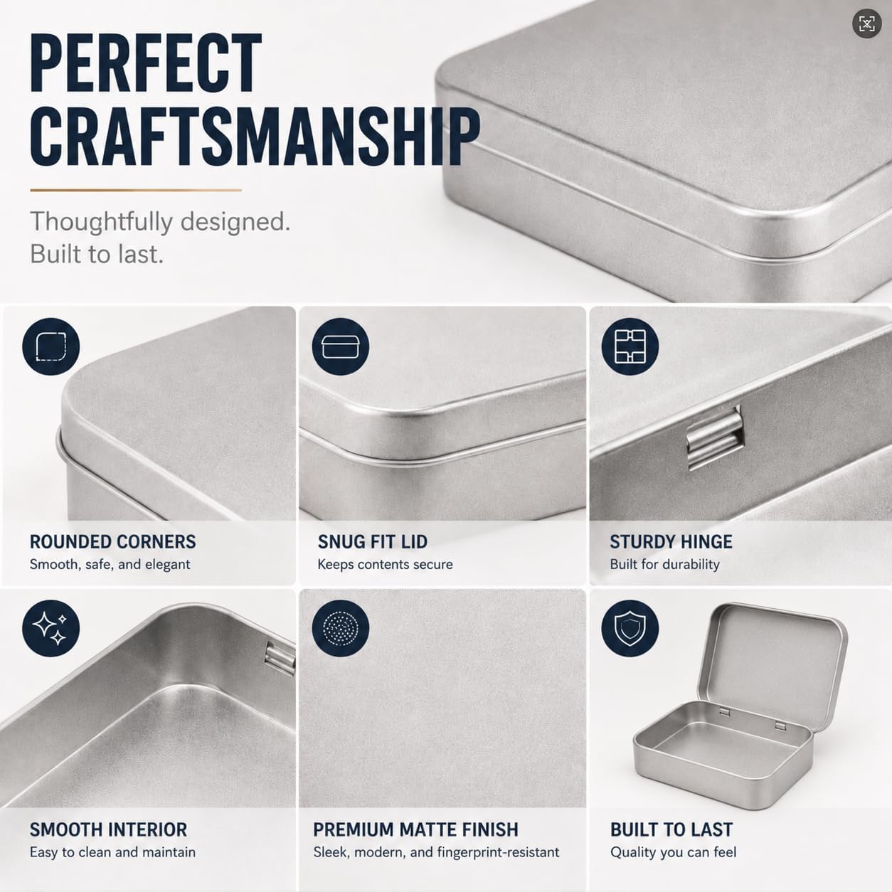 Two Sizes Metal Hinged Tin Boxes Set, 12 Pack Silver Storage Containers