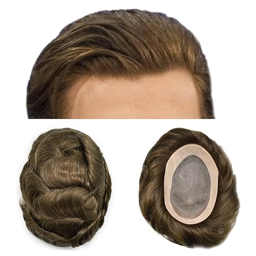Toupee de cabello humano fino mono tupé con revestimiento de poliéster alrededor de una pieza de cabello duradero para hombres, sistema de reemplazo