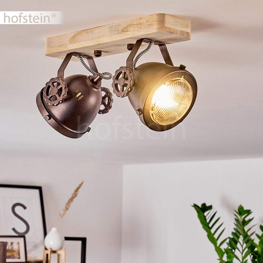 Lámpara de techo Herford, lámpara de techo regulable de metal/madera/cristal en marrón/cobre/naturaleza, 2 luces, 2 x casquillo GU10, foco orientable y abatible en diseño retro, sin bombilla(s)