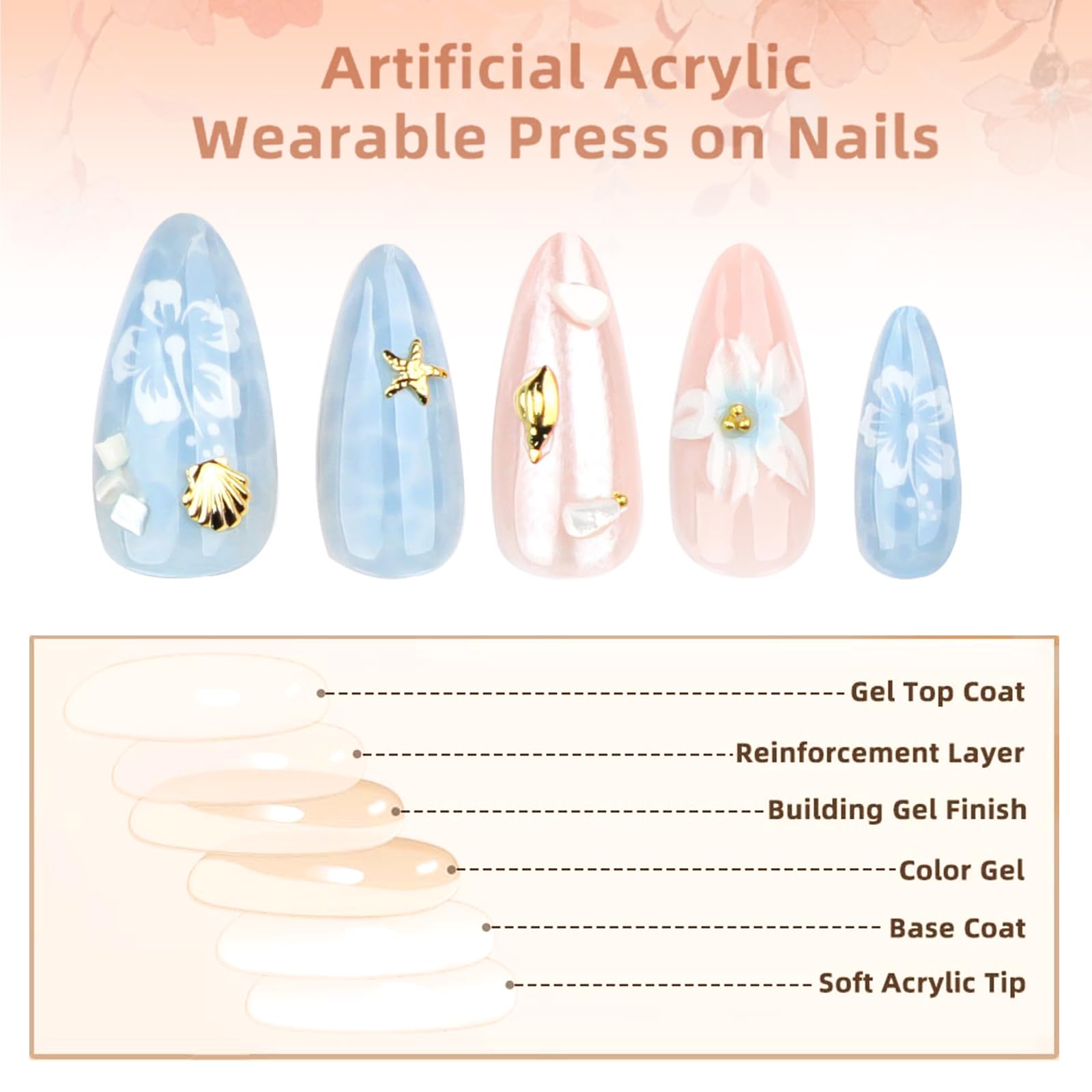 Muorruo 24 Pieces Summer Blue 3D Star Flower Press-On Nails, Almond Medium - Image 3