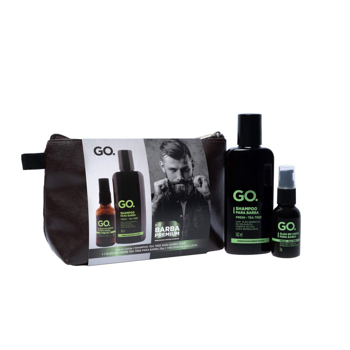 Kit Necessaire Shampoo e Óleo Tree barba e cabelo anti coceira previne a caspa natural vegano sem sulfato sem sal hidratante e condicionante com necessaire Go Man 2 produtos em 1