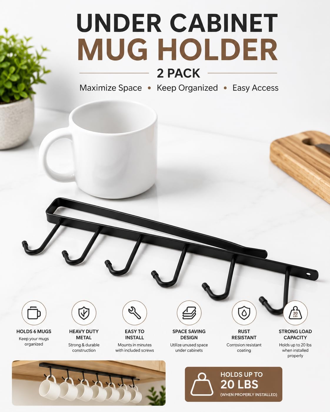 Under Cabinet Mug Holder 2 Pack, 6 Hooks Under Shelf Mug Organizer, Heavy Duty Metal Coffee Cup Holder Rack for Kitchen Cabinet, Space Saving Hanging Storage