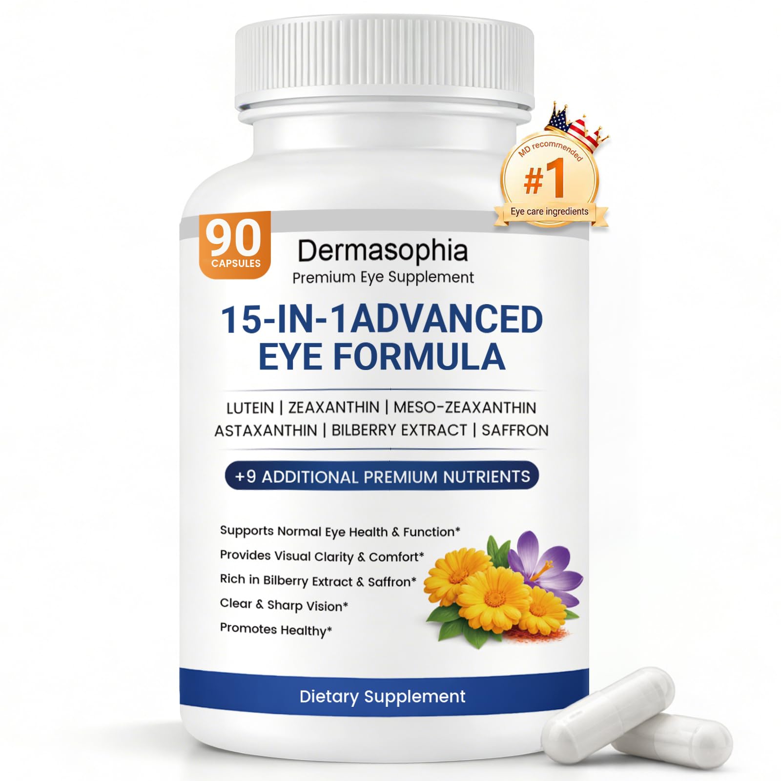 Eye Formula, 15-in-1 Advanced Eye Formula 90 Ct with Lutein, Zeaxanthin, Bilberry, and Saffron - Carotenoid Complex for Eye Health, Easy-to-Swallow Capsules