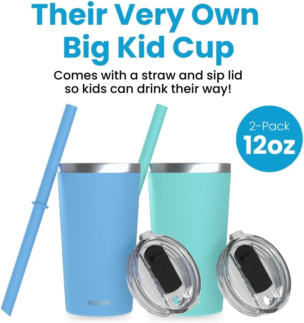CUPKIN Reusable Cups with Lids, The Original Stackable 12 oz Stainless Steel Tumbler with Lid, Set of 2 Powder Coated Insulated Kids Tumblers, BPA Free Lids & Reusable Silicone Straws (Blue + Green)
