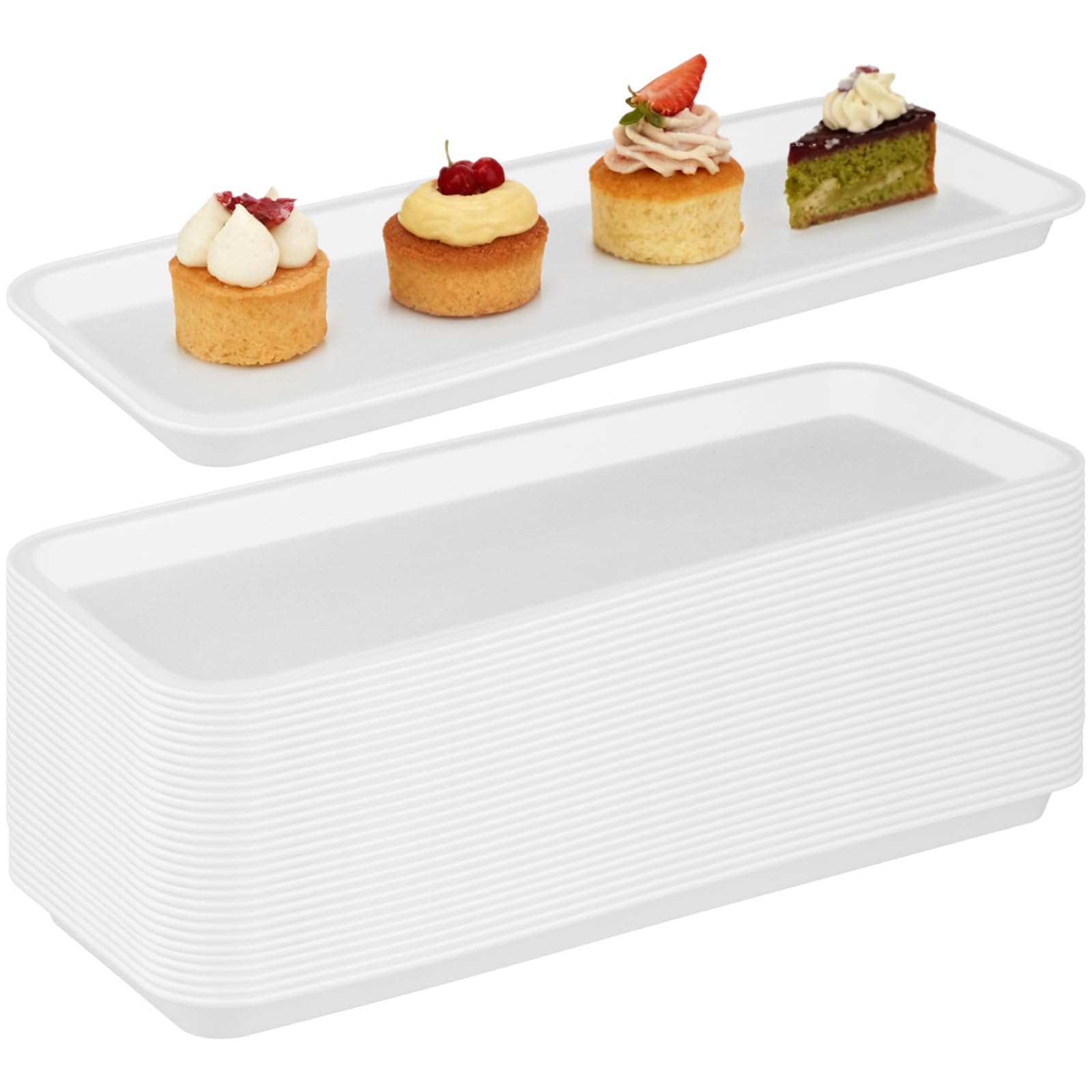 TAICHEUT 30 PCS Plastic Serving Trays, 15.7'' x 5.9'' Rectangle Food Plate, Reusable White Serving Platters for Cookie, Appetizer, Charcuterie, Snack,