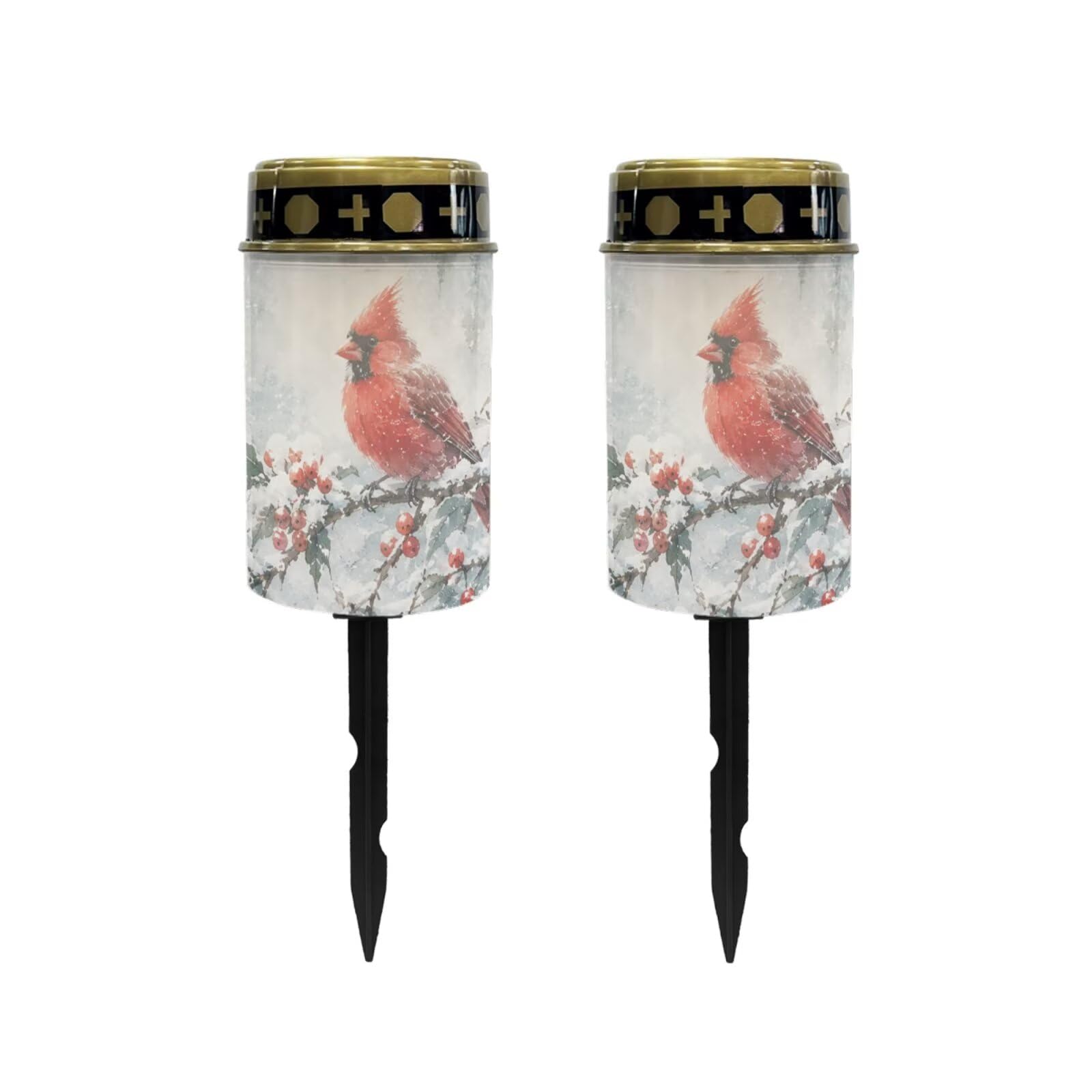 Poceacles Solar Lights Outdoor Waterproof Grave Lights for Cemetery LED Flameless Candle Cemetery Solar Pillar Candles Outdoor Decor, Cardinal Bird Winter Snow Landscape, 2 Pack