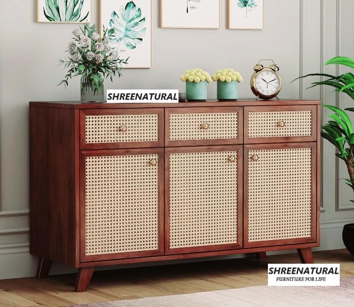 SHREE NATURAL® Solid Sheesham Wood Cane Sideboard with 3 Drawers and 3 Ratan Cane Door for Home | Solid Wood Cane Cabinet | Wooden Cane Kitchen Cabinet for Home (Mahogany)