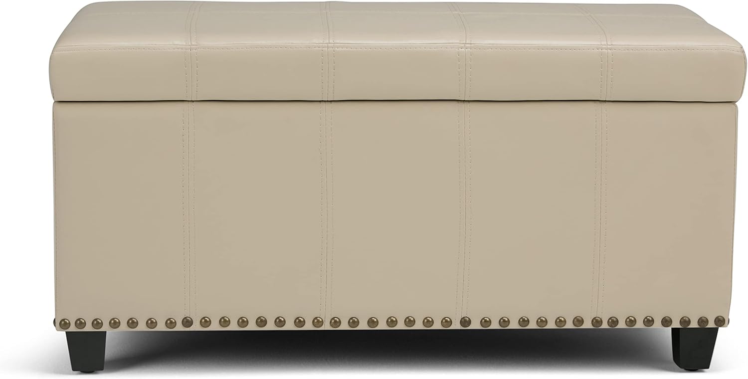SIMPLIHOME Amelia 33 inch Wide Transitional Rectangle Storage Ottoman Bench in Satin Cream Vegan Faux Leather, Assembled, For the Living Room, Entryway and Family Room