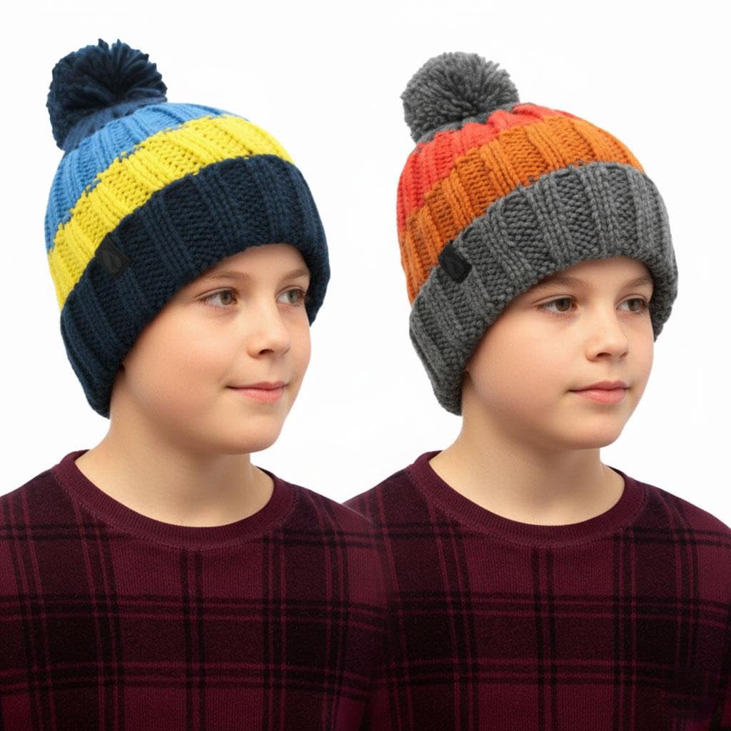 A2z 4 Kids Boys 2 Pack Hat Pack Of 2 Striped Nordic Block Bobble Knitted Pom Pom Beanie Stylist Durable Stretch Soft Feel Winter Warm Cosy Caps Comfortable For Daily Wear Winter Outdoor Hats