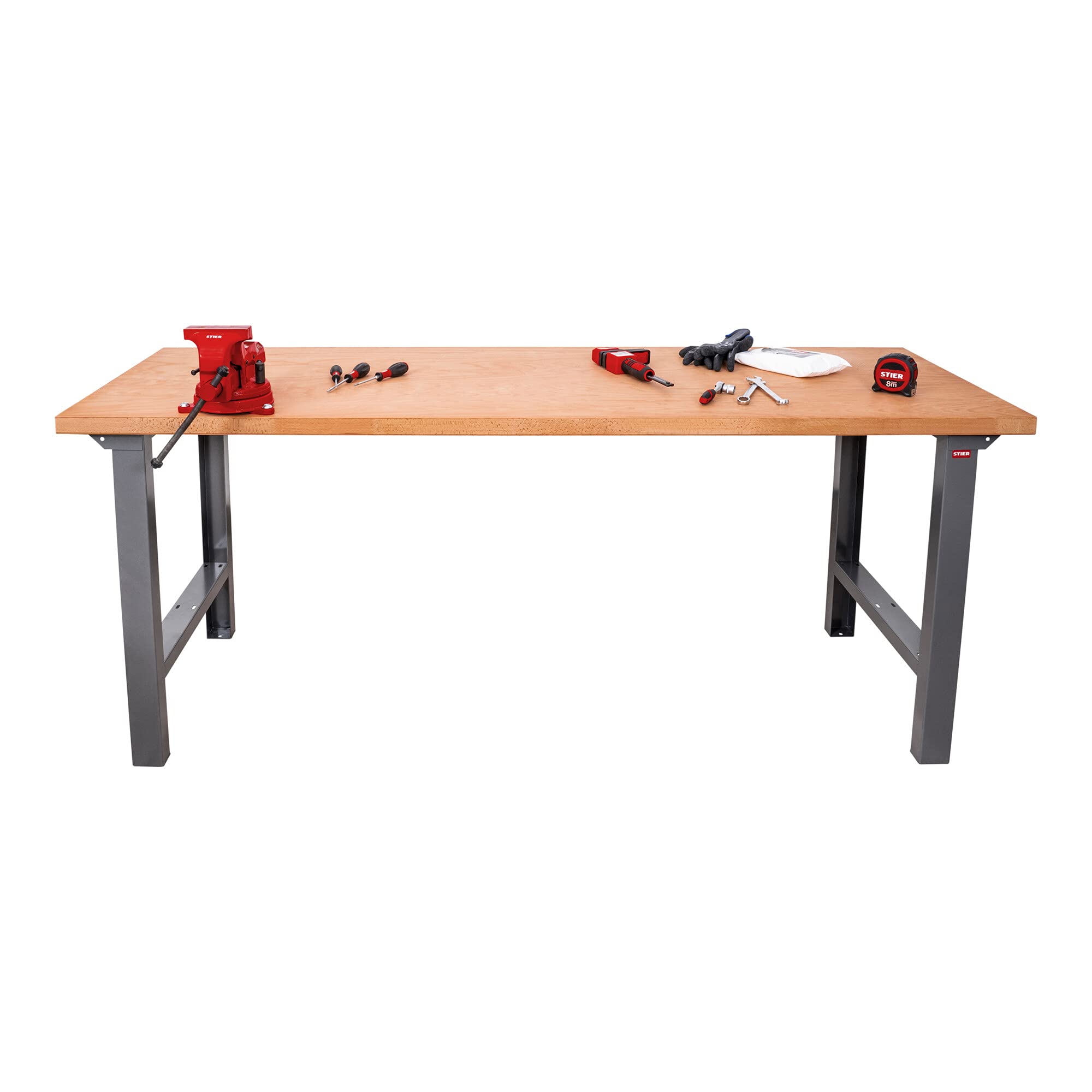 STIER Werktisch Premium, 2000x700x840 mm, robuste Konstruktion aus Stahl und Buche, umweltfreundlich pulverbeschichtet, ideal für Werkstätten und Heimwerkerprojekte, vielseitige Montagewerkbank