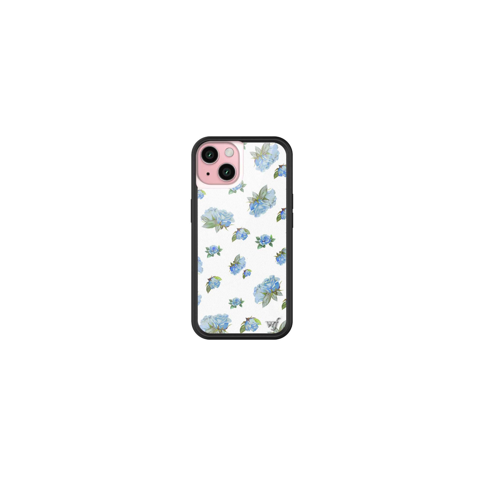 Wildflower Cases - Moonlight Rose, Compatible with Apple iPhone 15 | Floral Blue White Dainty Cute Trendy - Protective Black Bumper, 4ft Drop Test