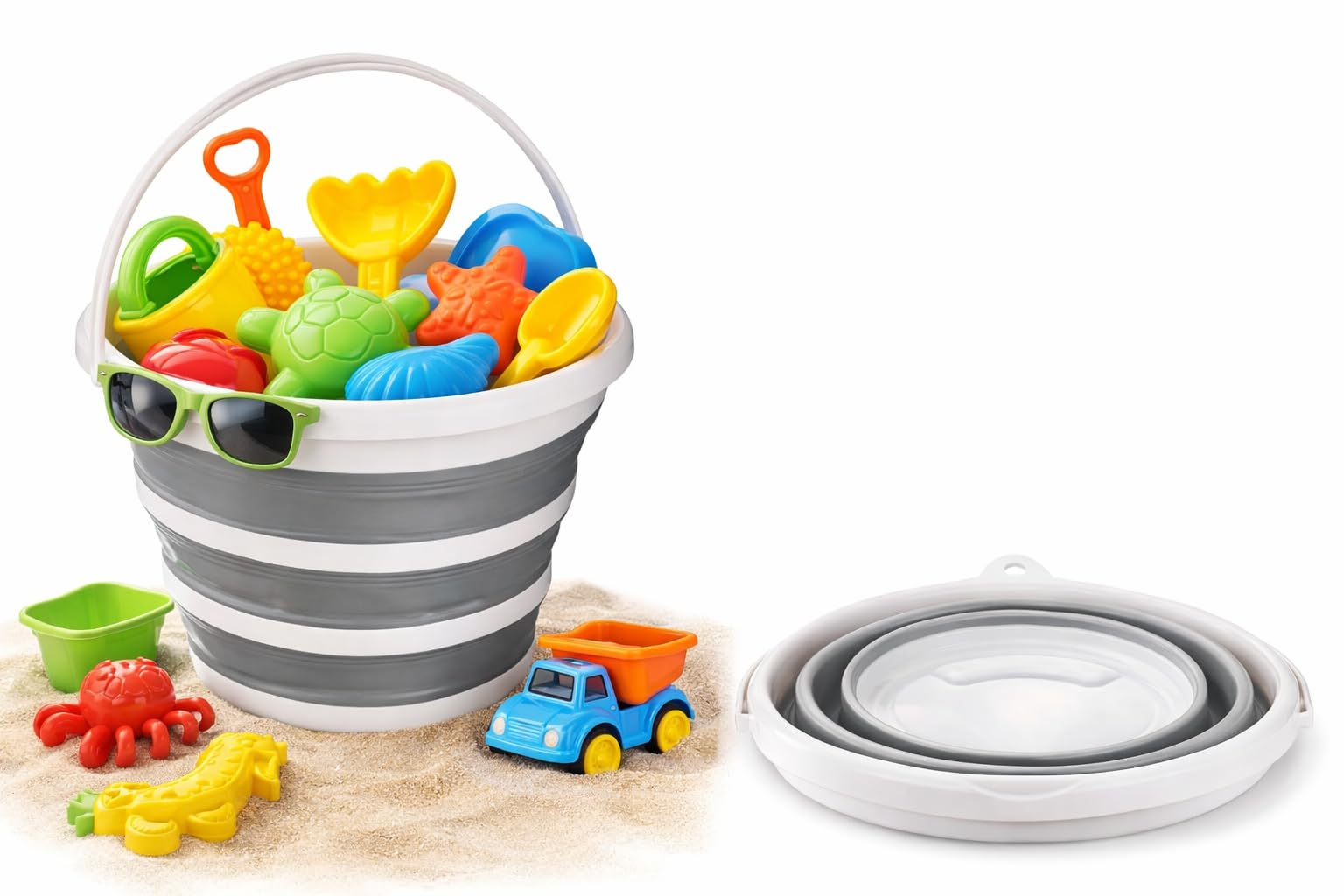 Kids Beach Bucket & Toy Storage Bin – 10L Collapsible Silicone Bucket with Handle, Portable, Foldable, Space-Saving for Sand Play & Home Organisation