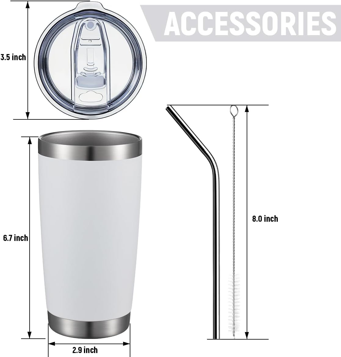 COMOOO 20oz/8Pack White Tumbler Double Wall Vacuum Insulated Coffee Travel Mug Stainless Steel Tumbler Bulk with Lid and Straw Powder Coated Insulated Coffee Cup for Cold & Hot Drinks (White, 8 Pack) - Image 3