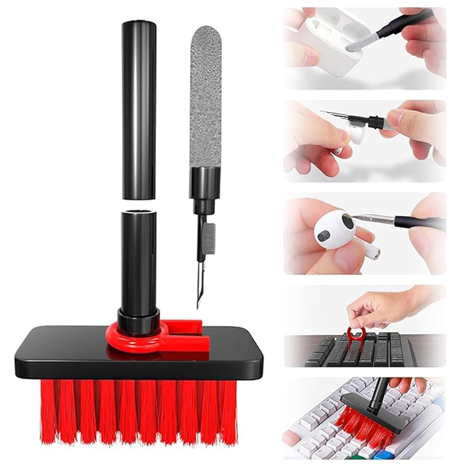 Sounce Cleaning Soft Brush Keyboard Cleaner 5-in-1 Multi-Function Computer Cleaning Tools Kit Corner Gap Duster Keycap Puller for Bluetooth Earphones,PC, Laptop AirPods Pro Camera Lens (Black)-image-34