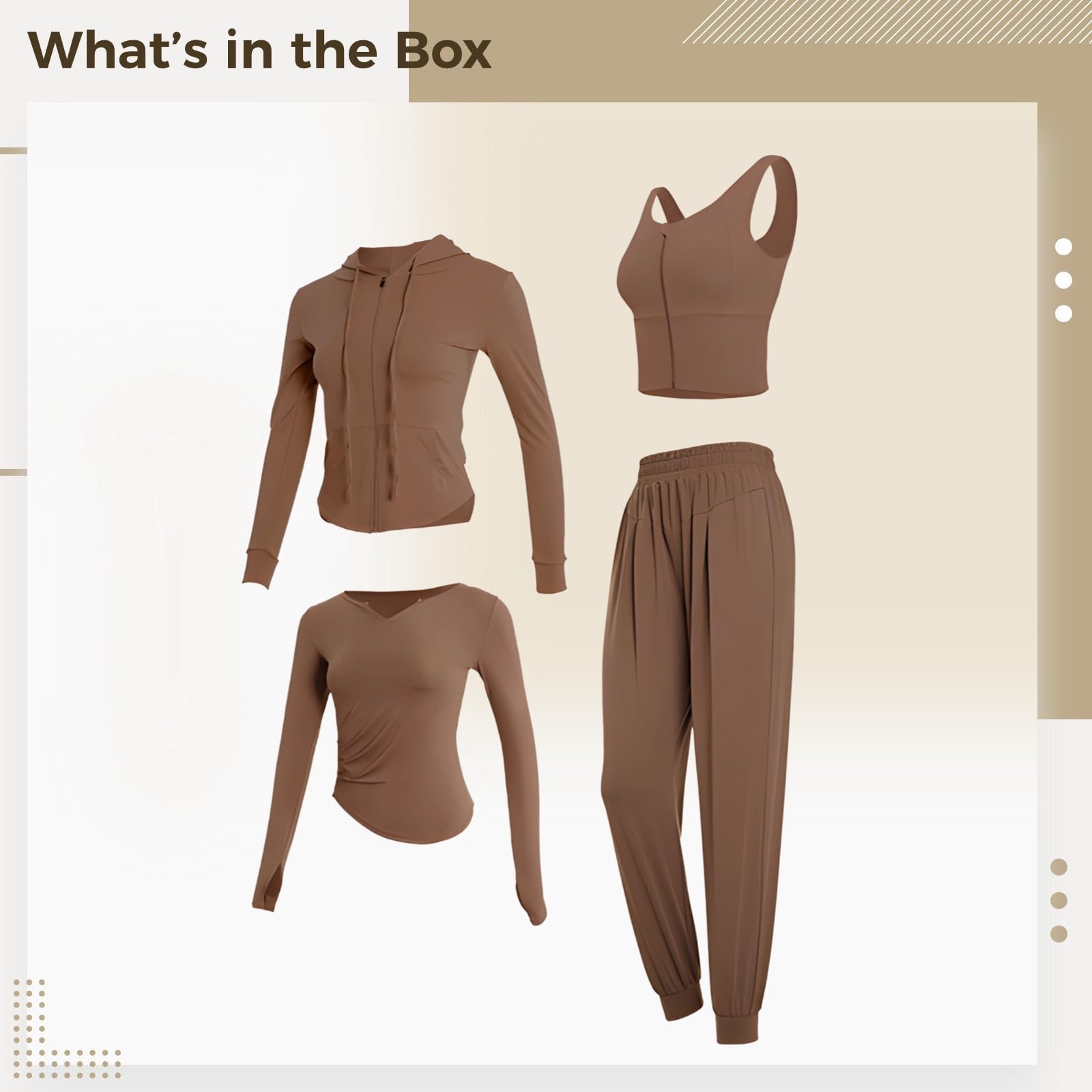 Conjunto de entrenamiento de manga larga para mujer, 4 piezas, poliéster y elastano, tela transpirable, tamaño XXL, ideal para fitness y looks casuales, marrón, Talla única