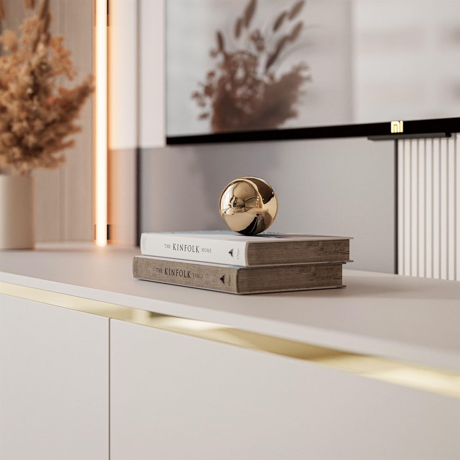 Lookway Hängende Wohnwand Aurora Kaschmir mit Goldener Dekorativer Leiste, LED-Option zur Wahl Modernes Wohnzimmermöbel (mit LED Beleuchtung)