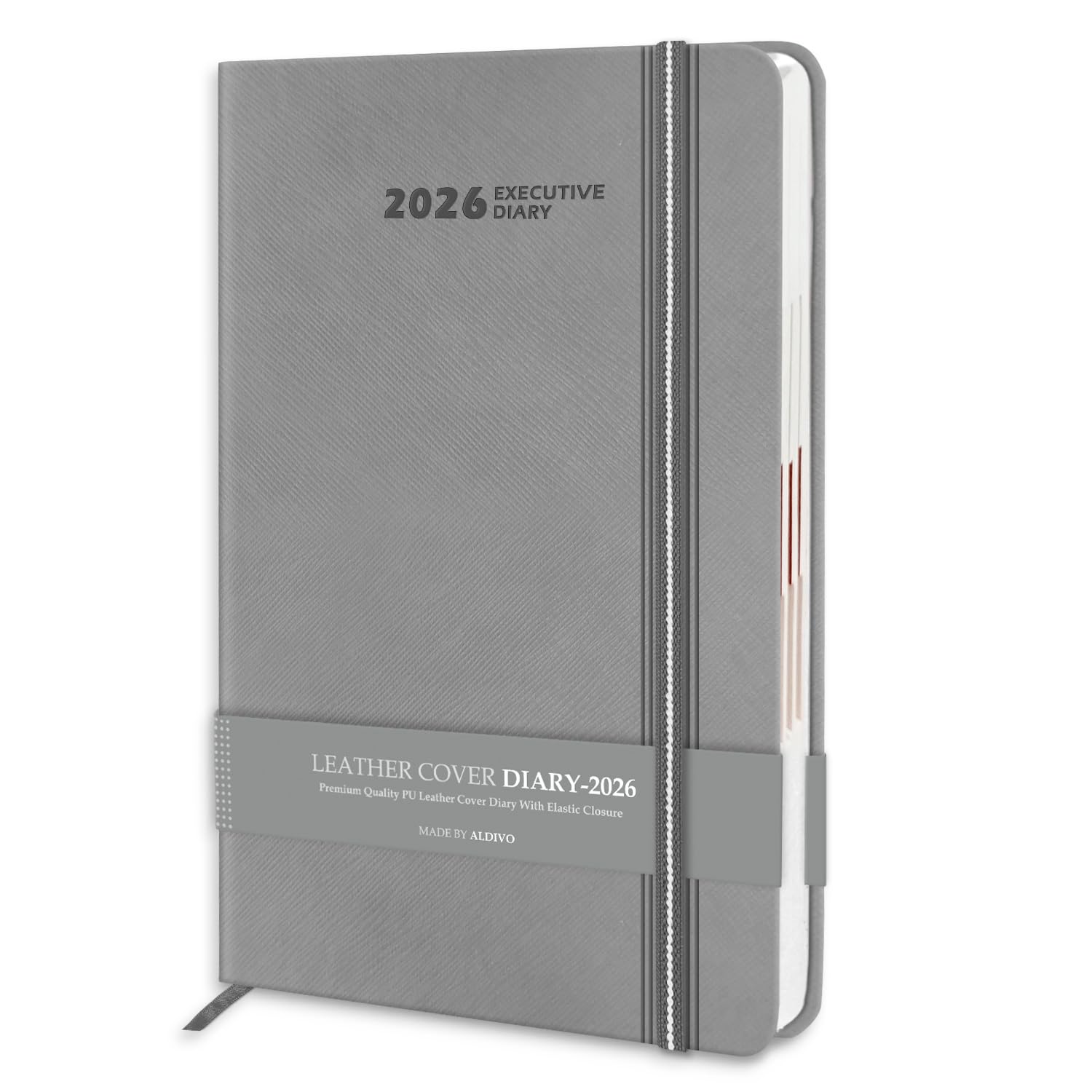ALDIVO Signature Series Premium Grey Texture Leather Diary 2026 - A5 Dated Hardbound Executive New Year Diary 2026 with Elastic Closure & Double Ribbon Bookmarks | 344 Pages