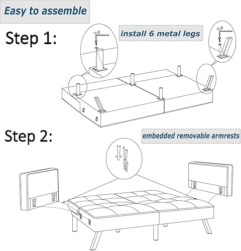 Miniatura 8 de Moderno sofá convertible de terciopelo con 2 almohadas y reposabrazos, sofá cama reclinable convertible tamaño individual para sala de estar