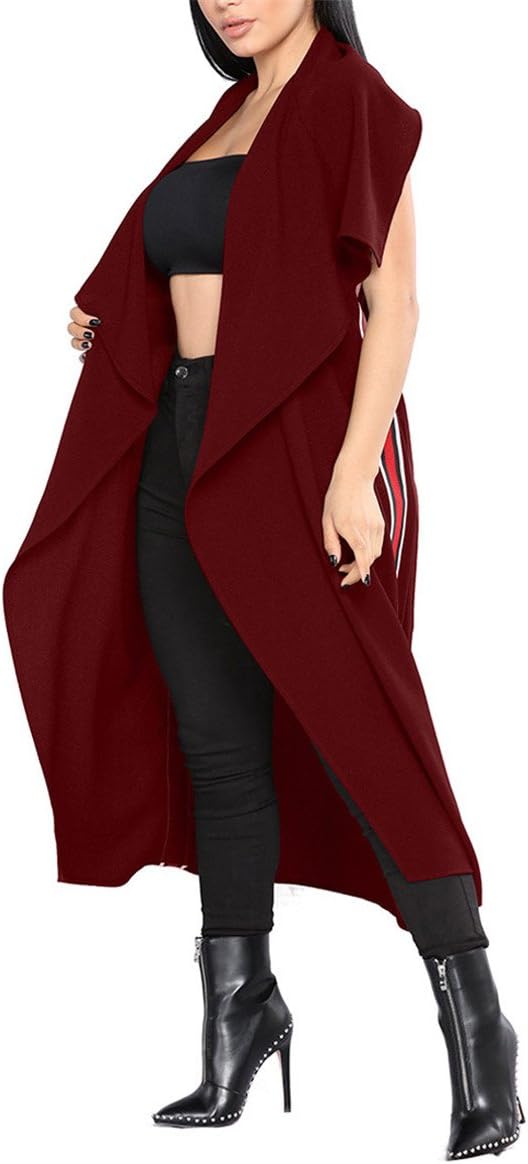 Women Casual Open Front Cape Cloak Trench Duster Coat Longline Blazer Suit Coat Burgundy L