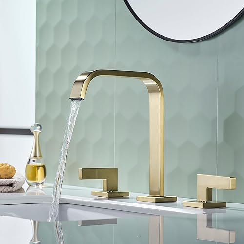 Miniatura 2 de TRUSTMI Grifo de baño dorado, grifo de lavabo de baño de 2 manijas y 8 pulgadas, grifo de baño de latón de 3 agujeros, grifo de tocador cuadrado