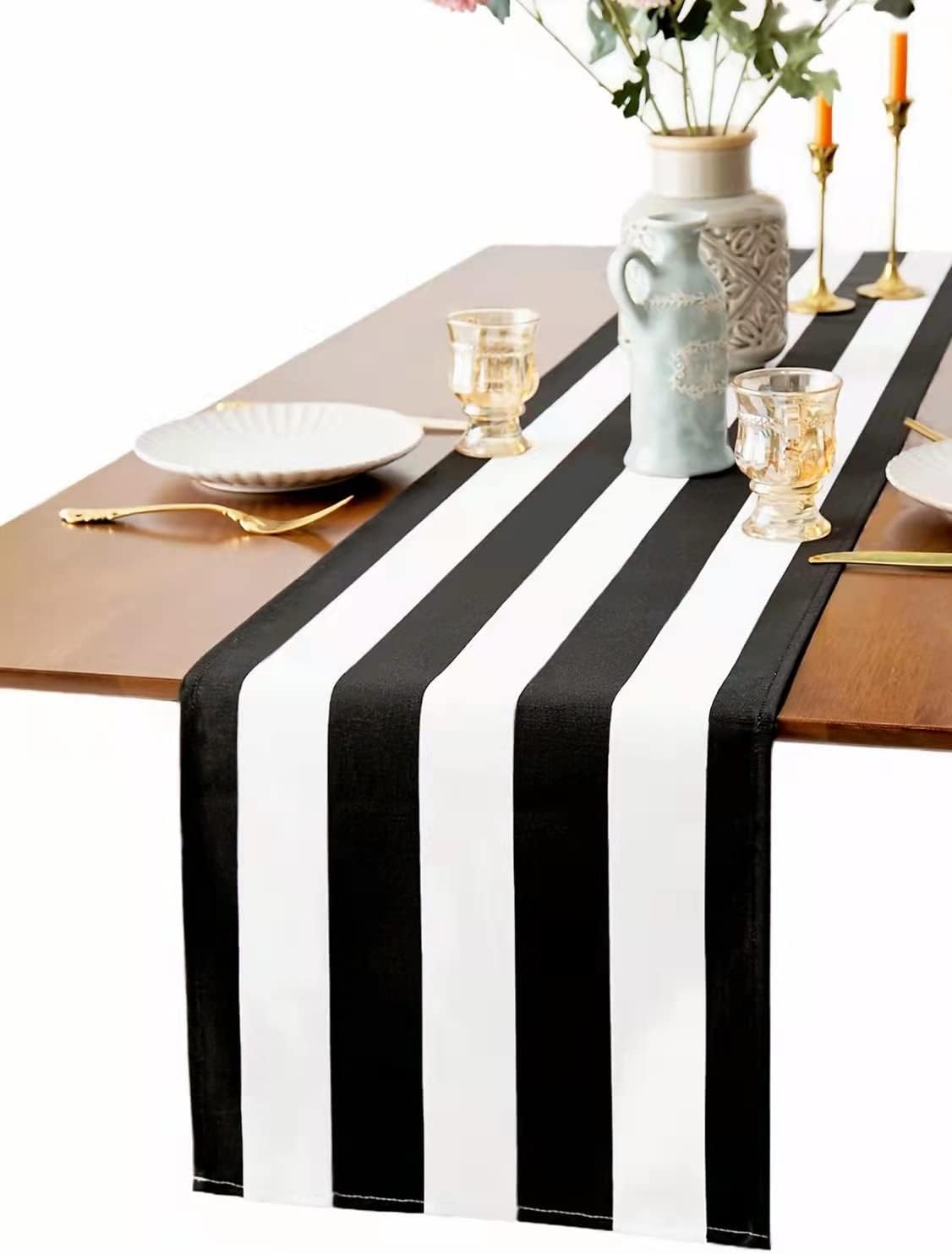 TEXSON Black and White Striped Table Runner 12 x 108 Inch,Cotton Fabric Black White Stripe Table Runner for Wedding Baby Shower Dinner Indoor Outdoor Parties Table Decorations