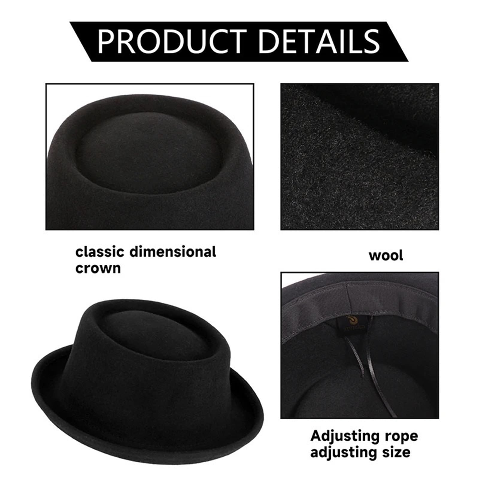 Pork Pie Hut Pork Pie Hut aus Wollfilz, Damen und Herren, Porkpie-Hut, Gebogene Krempe, Pie-Wollhut, Unisex, Herbst-Winter-Fedora-Hut Für die Party