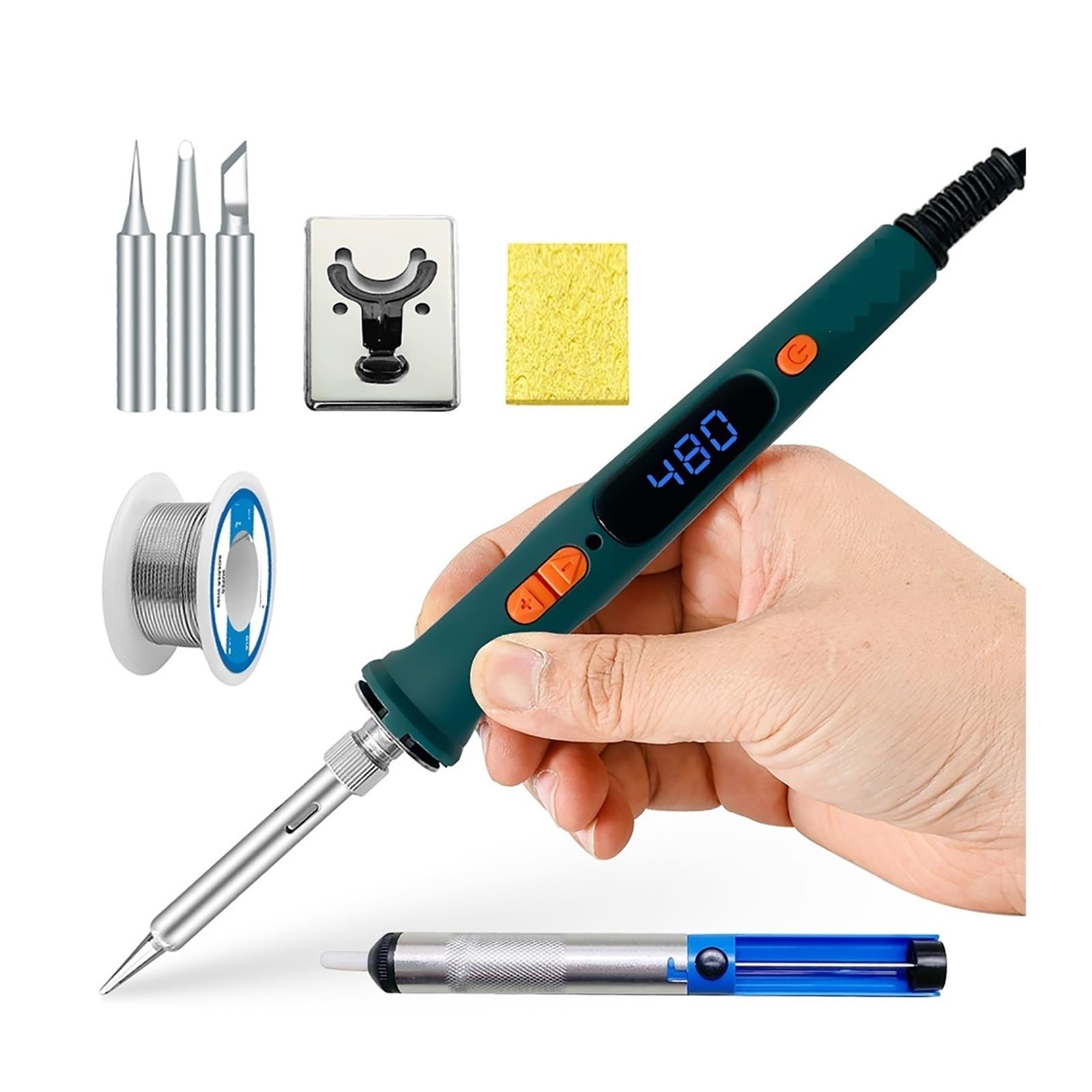 Kit de soldador, Herramienta de soldadura LCD de soldador eléctrico, calentador de cerámica de temperatura ajustable, juego de bomba desoldadora de cabezal de soldador para metal, electricidad, bricol
