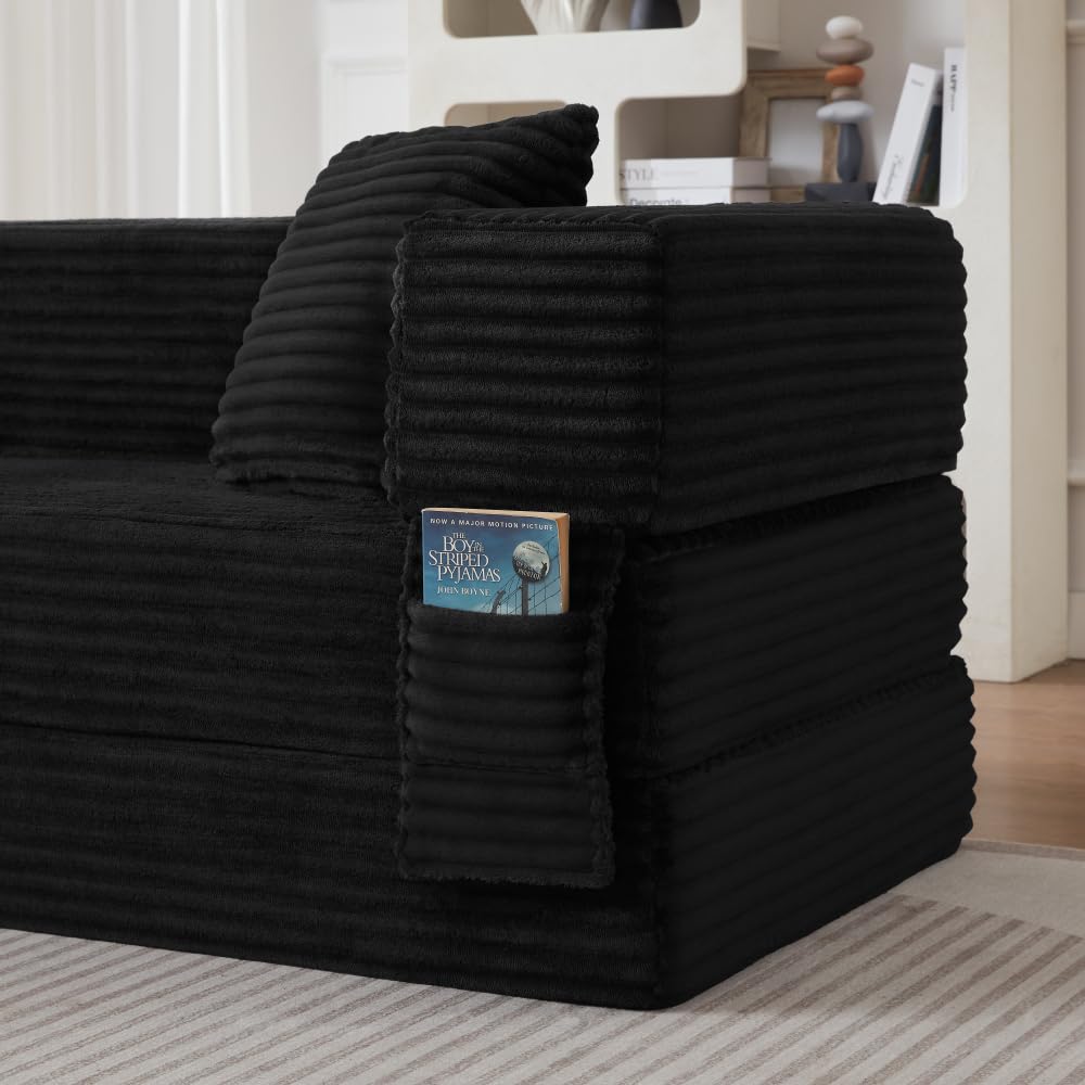 Sofá Cama Plegable de Pana, Sofá Convertible Moderno con Diseño Cuadrado Clásico y Estructura de Doble Capa, Mueble de Salón Multifuncional Convertible en Cama para Apartamento y Oficina (Negro)