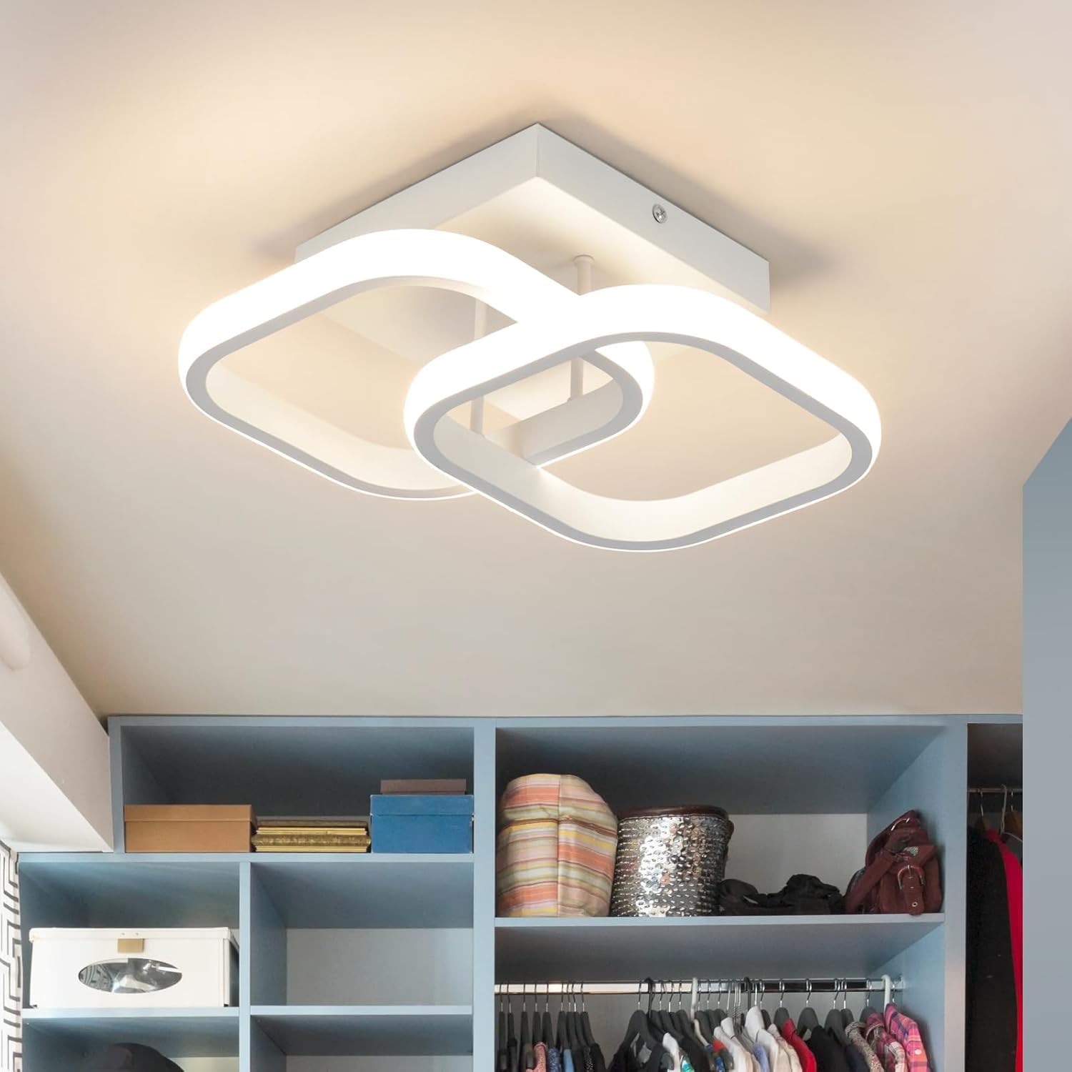 AnnuoYi Modern LED Ceiling Light, Tricolor Modern Ceiling Light Warm White, Square Ceiling Lamp for Bedroom, Kitchen, Living Room, Hallway