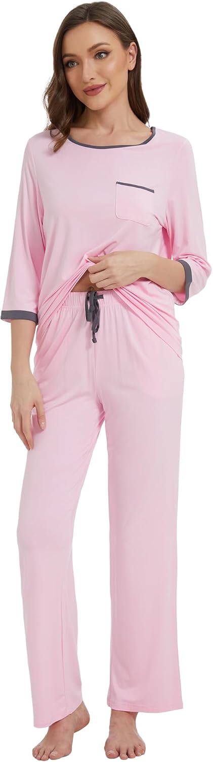 WiWi Womens Pajamas Viscose from Bamboo Super Soft Pajama Set 3/4 Sleeve Sleepwear Cooling Pjs with Pockets S-XXL - Image 4
