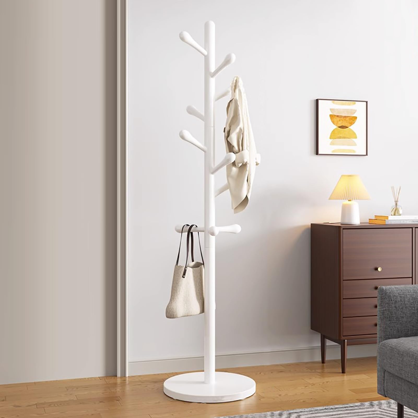 Porte-manteau en bois blanc à 10 crochets, support autonome de 172 cm