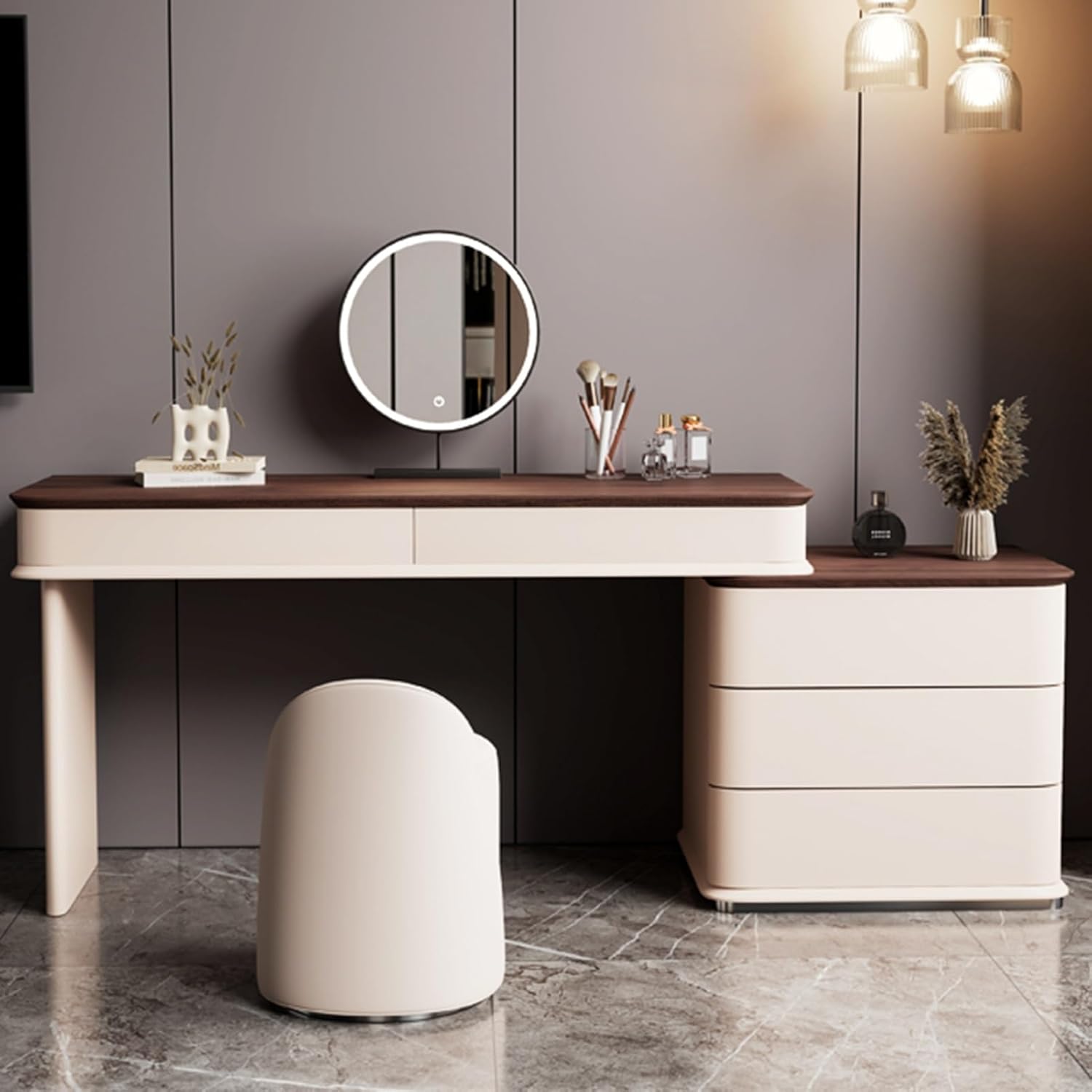 Makeup Vanity, with 3 Color Lighting Mirror Vanity Table Set, with Cushioned Stool and 3 Drawers Side Cabinet, Solid Wood Dresser Dressing Table for Bedroom(47×17.7×29.5in)