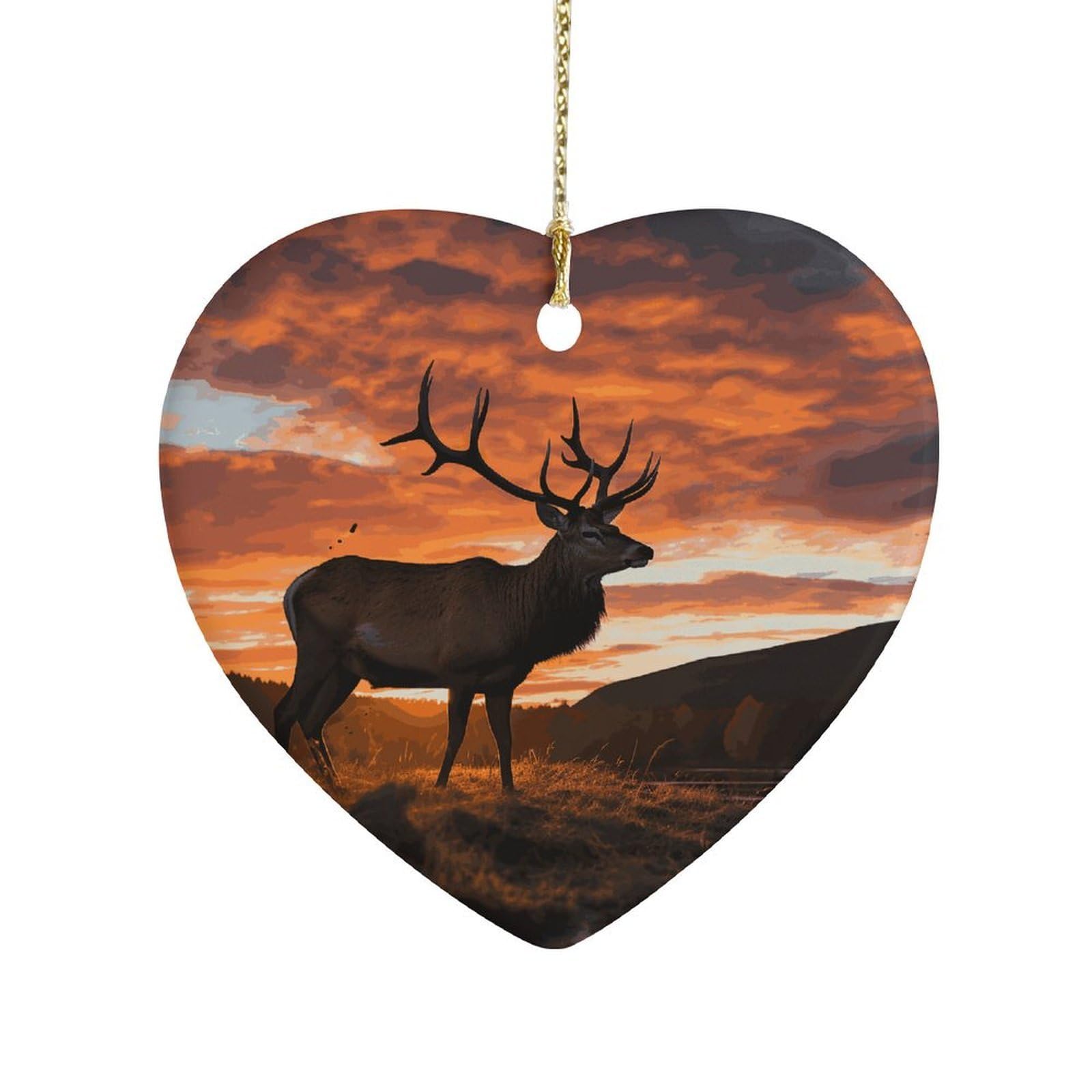 Khauerbc Style Red Deer Bull Elk Sunsetceramic Ornament,Heart-Shaped.christmas Tree Hanging Decoration-Holiday Home Decorations. Art Ornament,Friendship Keepsake - Gift Ideas, For Besties, Coworkers, Family.