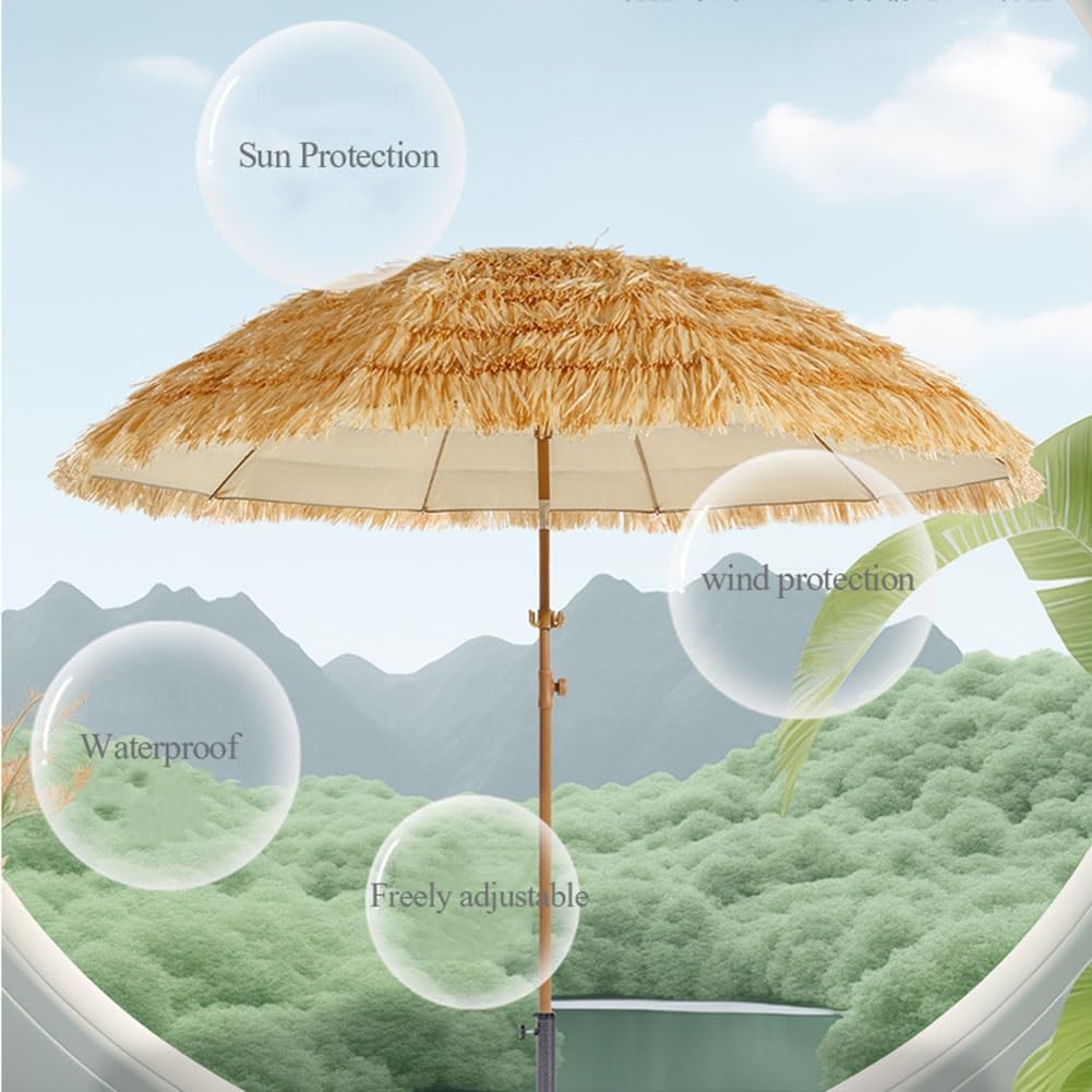 Ombrellone da Spiaggia Tropicale Antivento in Stile Tiki con palo in Ferro inclinabile e 10 Stecche in Fibra di Vetro, Parasole Portatile per Esterni, Ideale per Spiaggia e Giardino, con BOR