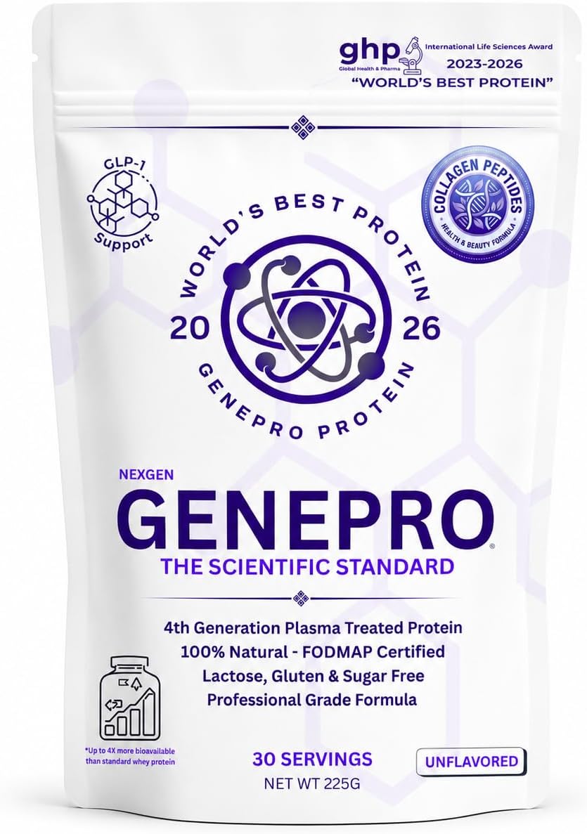 Genepro NexGen Unflavored Collagen Peptides - Lactose-Free, Gluten-Free Protein Supplement Shake for Hair, Skin and Nails (30 Servings)