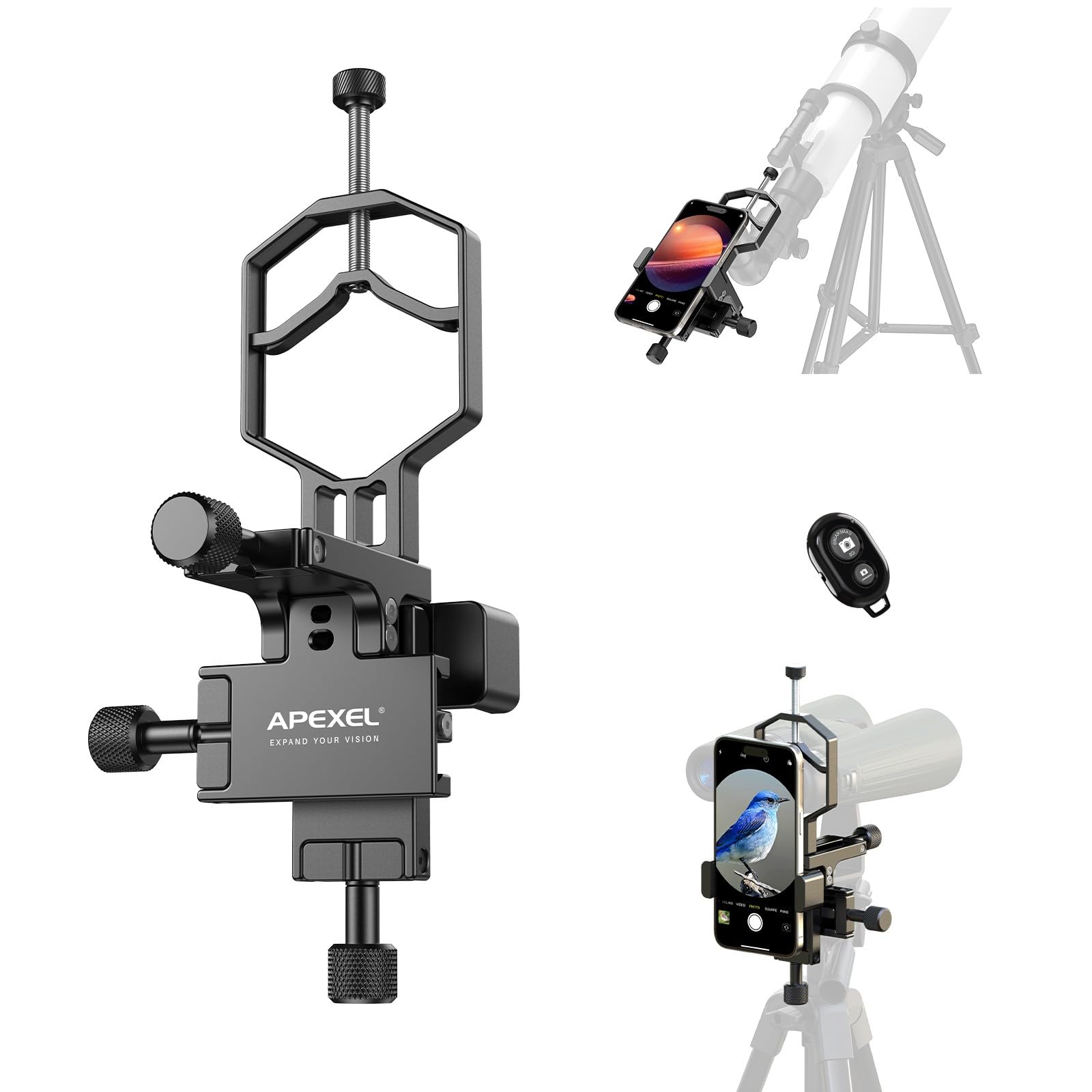 APEXEL 3-Axes Adaptador de Teléfono Móvil con Telescopio de Metal de 3 Ejes Cuenta con Bluetooth, Ajuste XYZ de Alta Precisión y Compatibilidad con Binoculares, Monoculares y Microscopios