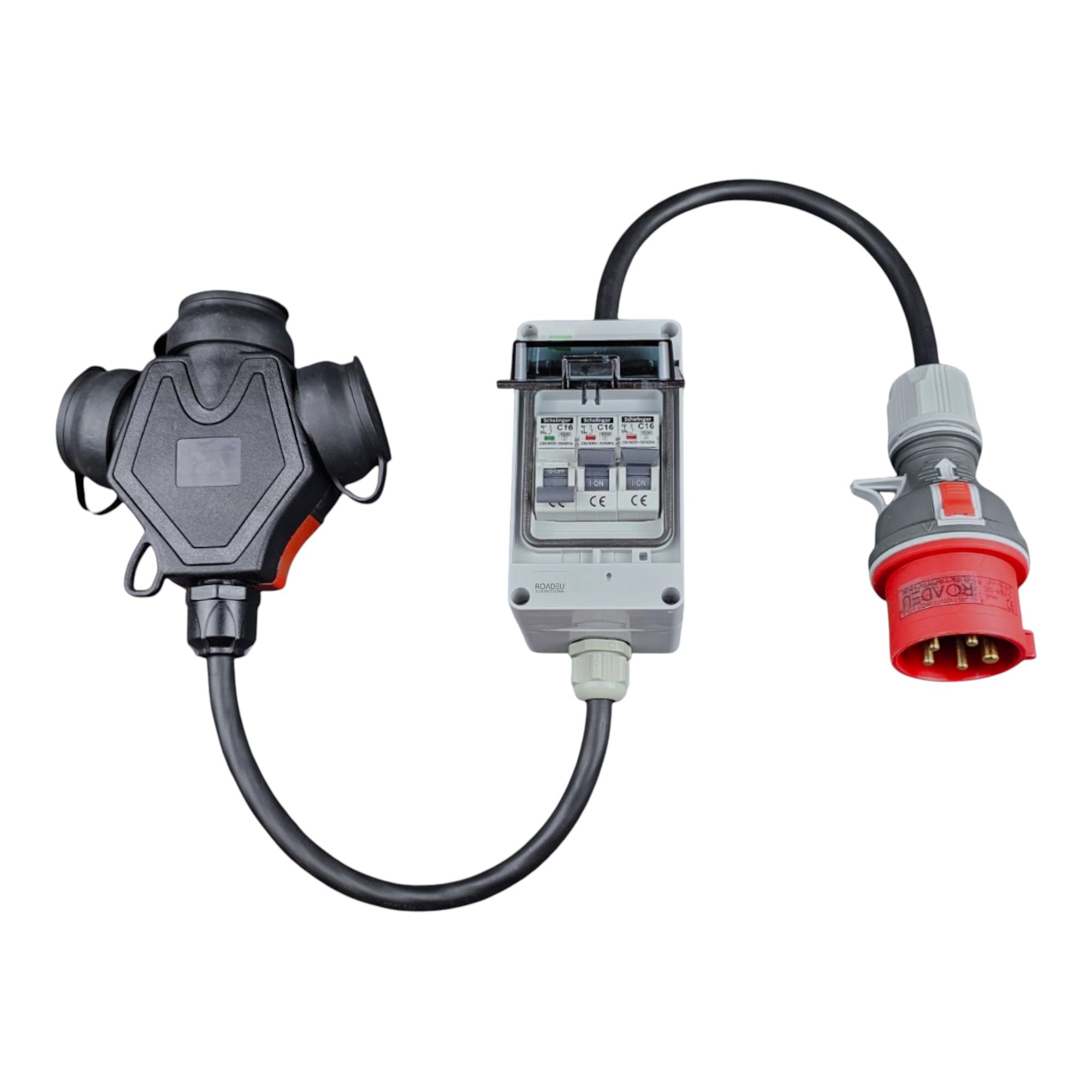 RoadEu | Adaptateur CEE 32A 5P vers Triple Prise 230V 2P+E | Coffret IP44 avec 3 Disjoncteurs C16 | Câble Caoutchouc 1 m | Distribution Sécurisée pour Chantier & Camping