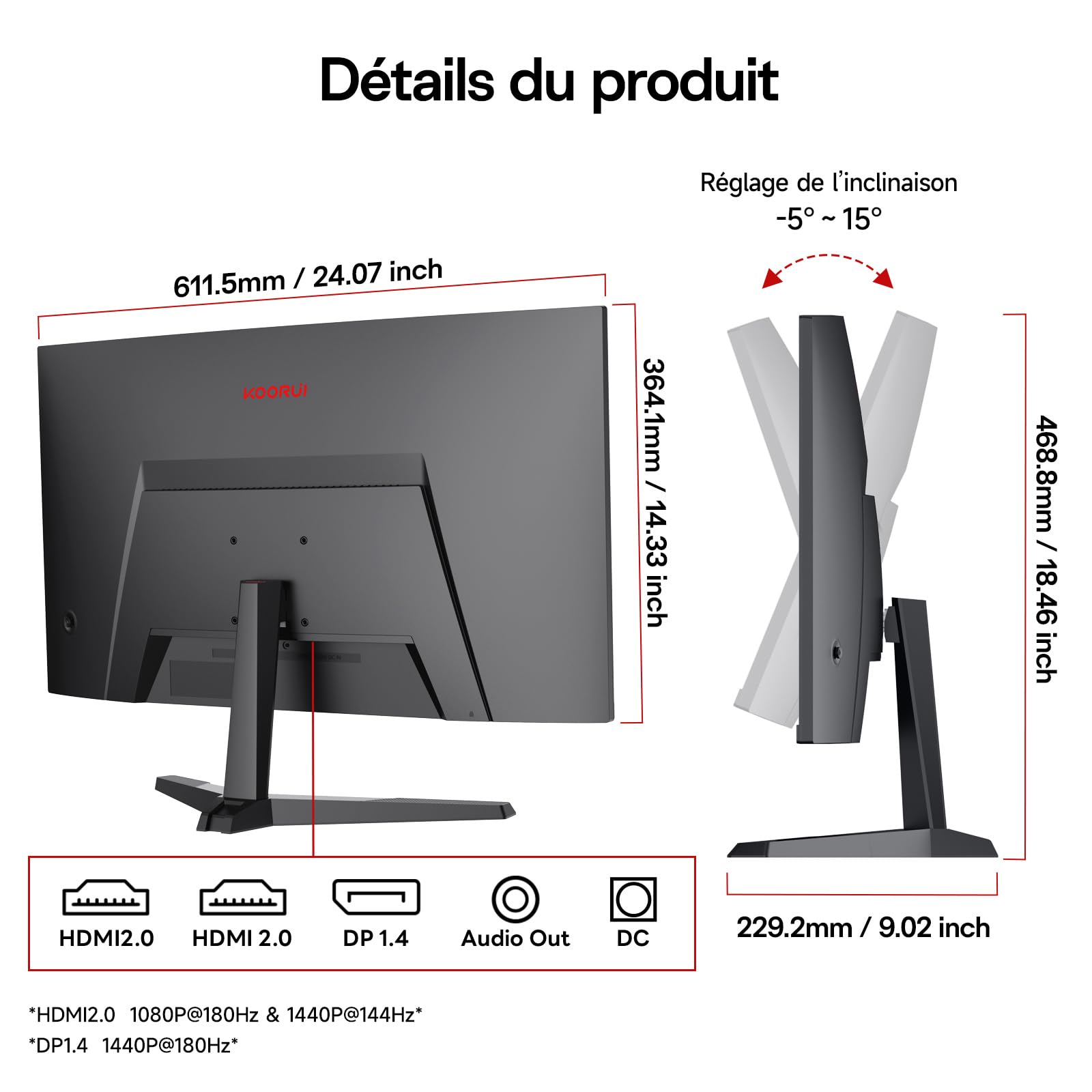 KOORUI 27 Pouces Écran Gaming Incurvé QHD 2560x1440 180 Hz Adaptive-Sync VESA 100x100mm HDMI 2.0 DisplayPort 1.4