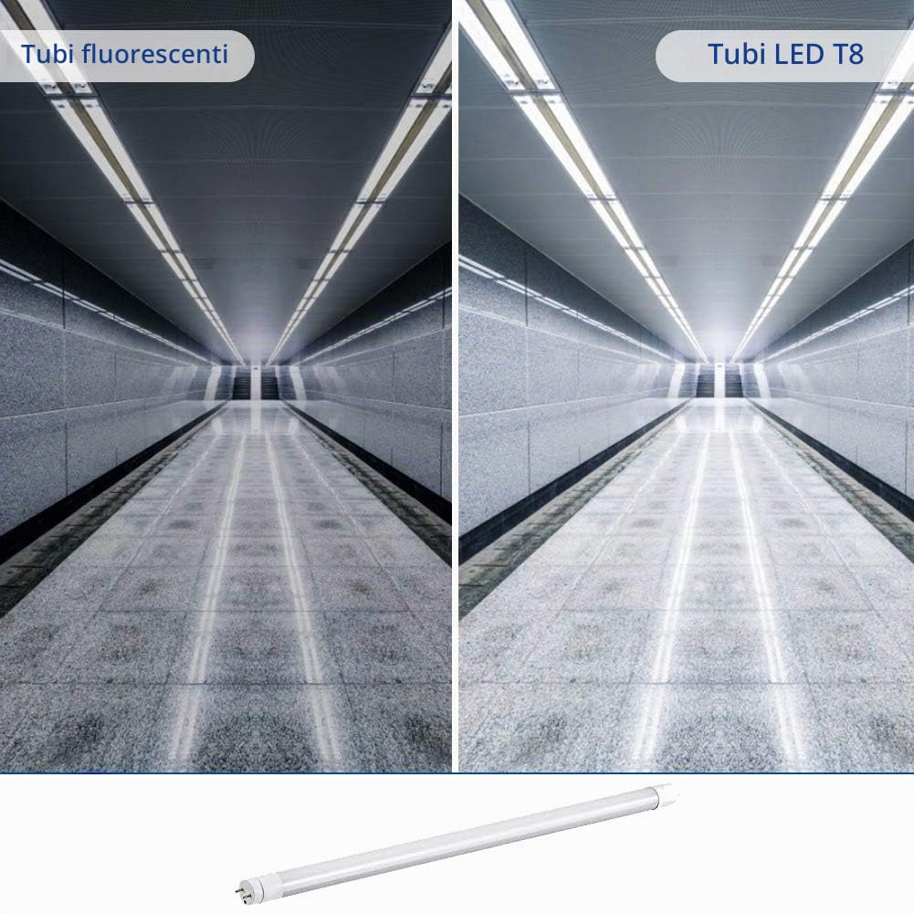 SET 10 Tubo Neon Led 120 cm 18W Attacco T8 Luce Bianco FREDDO 6000-6500 K 1980 Lumen Equivalente 200 Watt Copertura Opaca
