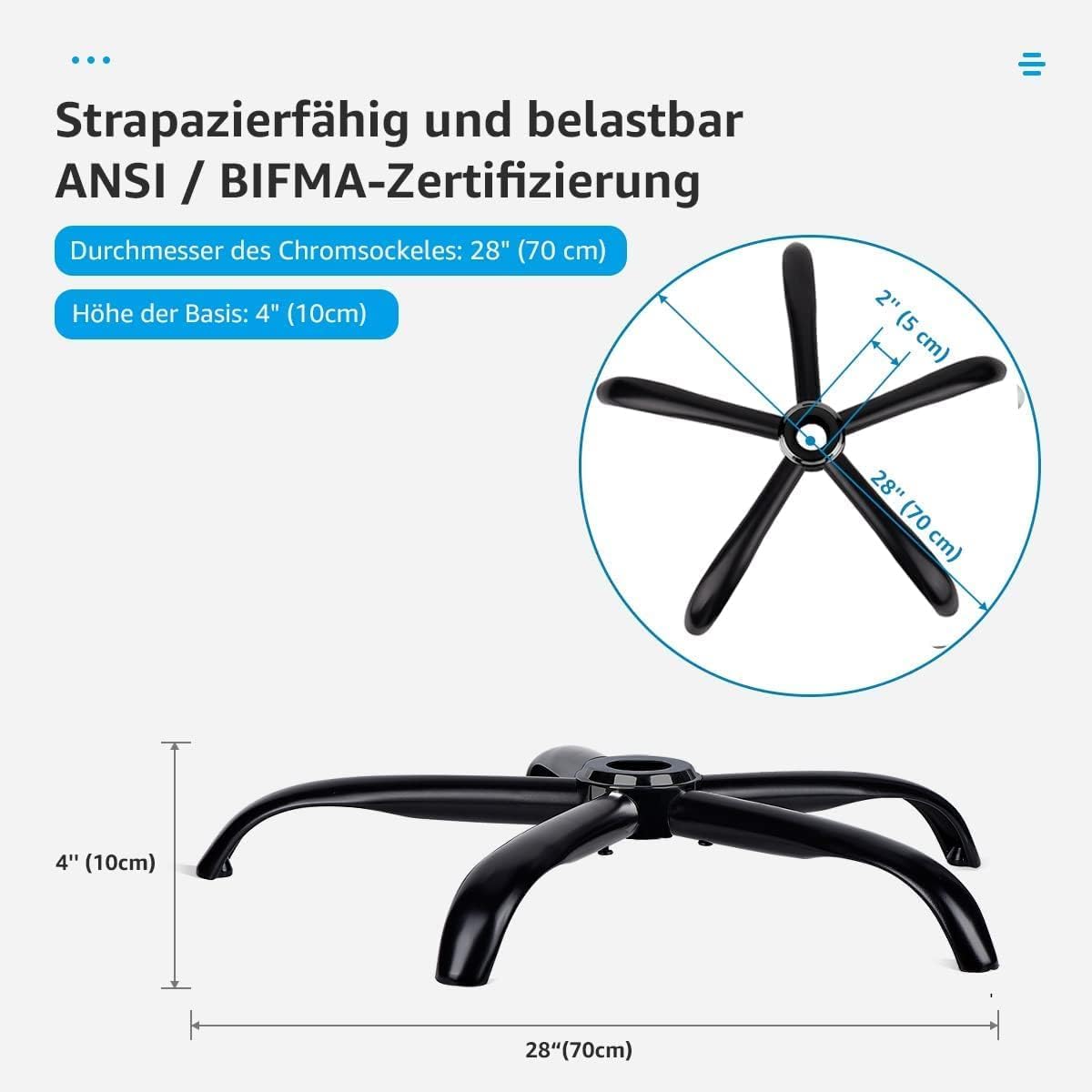 MASTERY MART 28" Części Zamienne do Wytrzymałej Podstawy Krzesła Biurowego, 2500 lbs, Wzmocniona Metalowa Noga Krzesła Biurowego z Uniwersalnym Otworem na Cylinder Gazowy i Gniazdami Kół, Matowa Czerń