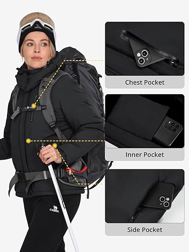 Miniatura 5 de CAMEL CROWN Chaquetas de esquí de invierno cálidas para mujer, abrigo de nieve impermeable con capucha, chaqueta de lluvia resistente al viento de