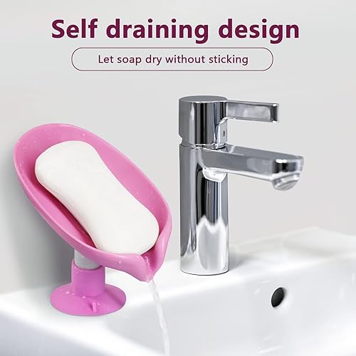 Miniatura 4 de Jabonera con forma de hoja, jabonera autodrenante, extiende la vida útil del jabón en barra, mantiene el jabón seco (rosa + rosa)