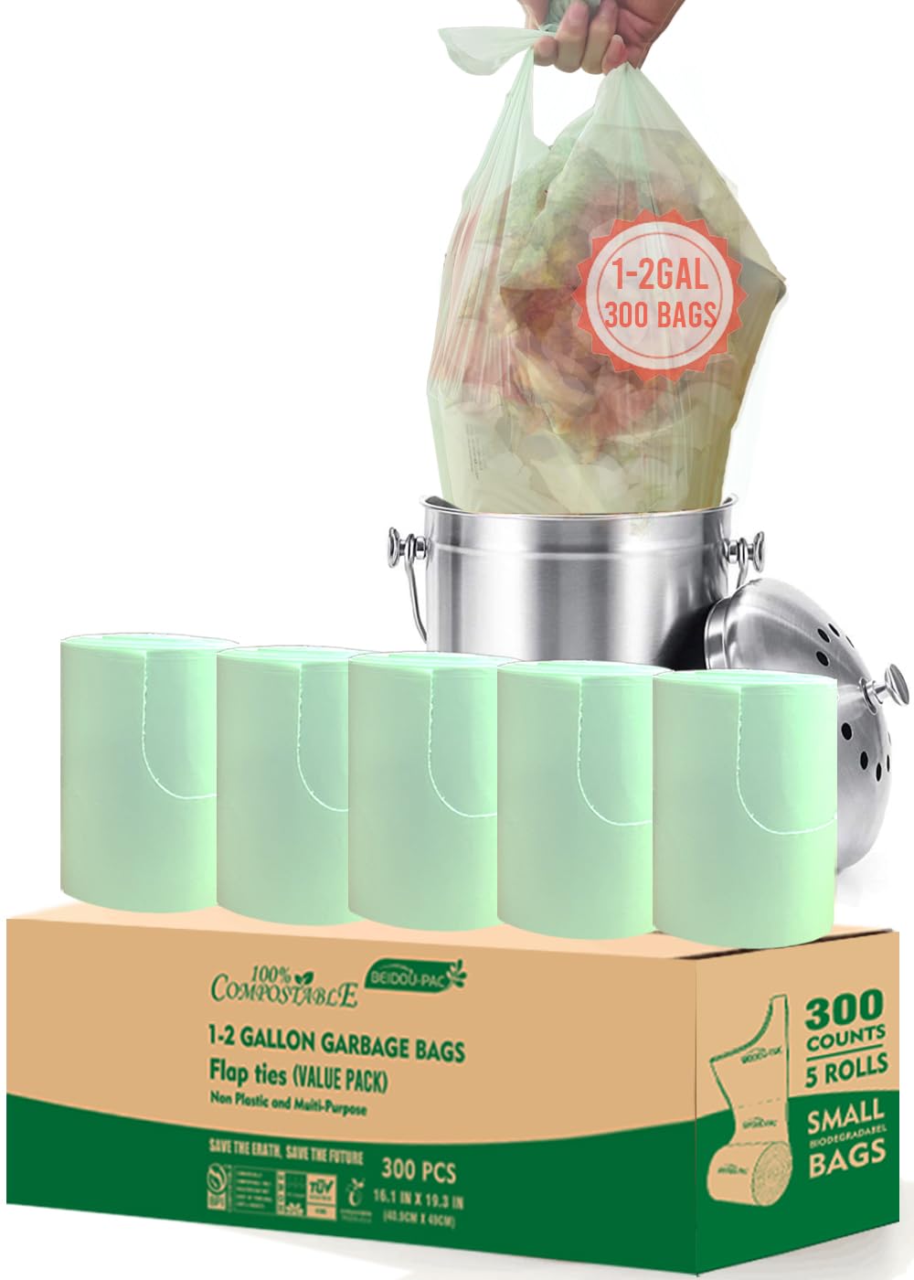 BEIDOU-PAC 1-2 Gallon Flap Tie Compostable Trash Bags, 300 Count Small Compost Bags, Biodegradable Kitchen Garbage Bags, Food Scrap Waste Bags for