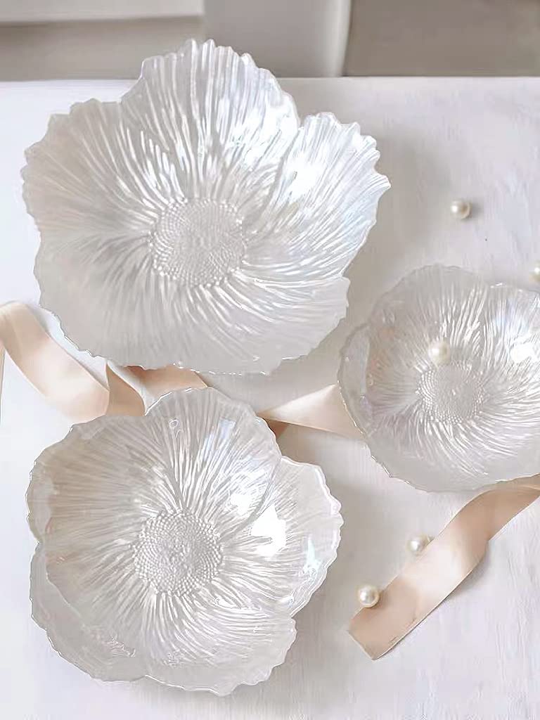 Pearl White Crystal Glass Fruit Bowl Set of 3, Table Centerpiece Fruit Plates for Dessert Candy Snack Bread Vegetables, Decorative Platter - Housewarming Wedding Birthday Gift (Whole Set(S&M&L))