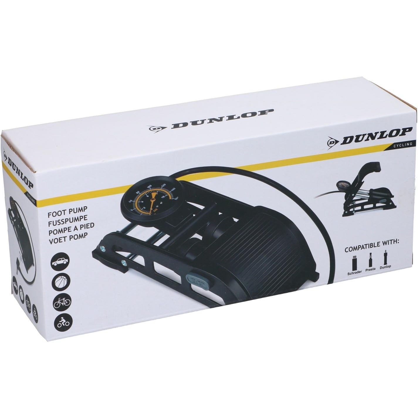 Dunlop Pompa per bicicletta con Manometro 180PSI/ 12Bar, per Valvole Dunlop, Schrader e Francesi, per Materasso Gonfiabile e Palloni, Pompetta Bici, Scooter e Auto