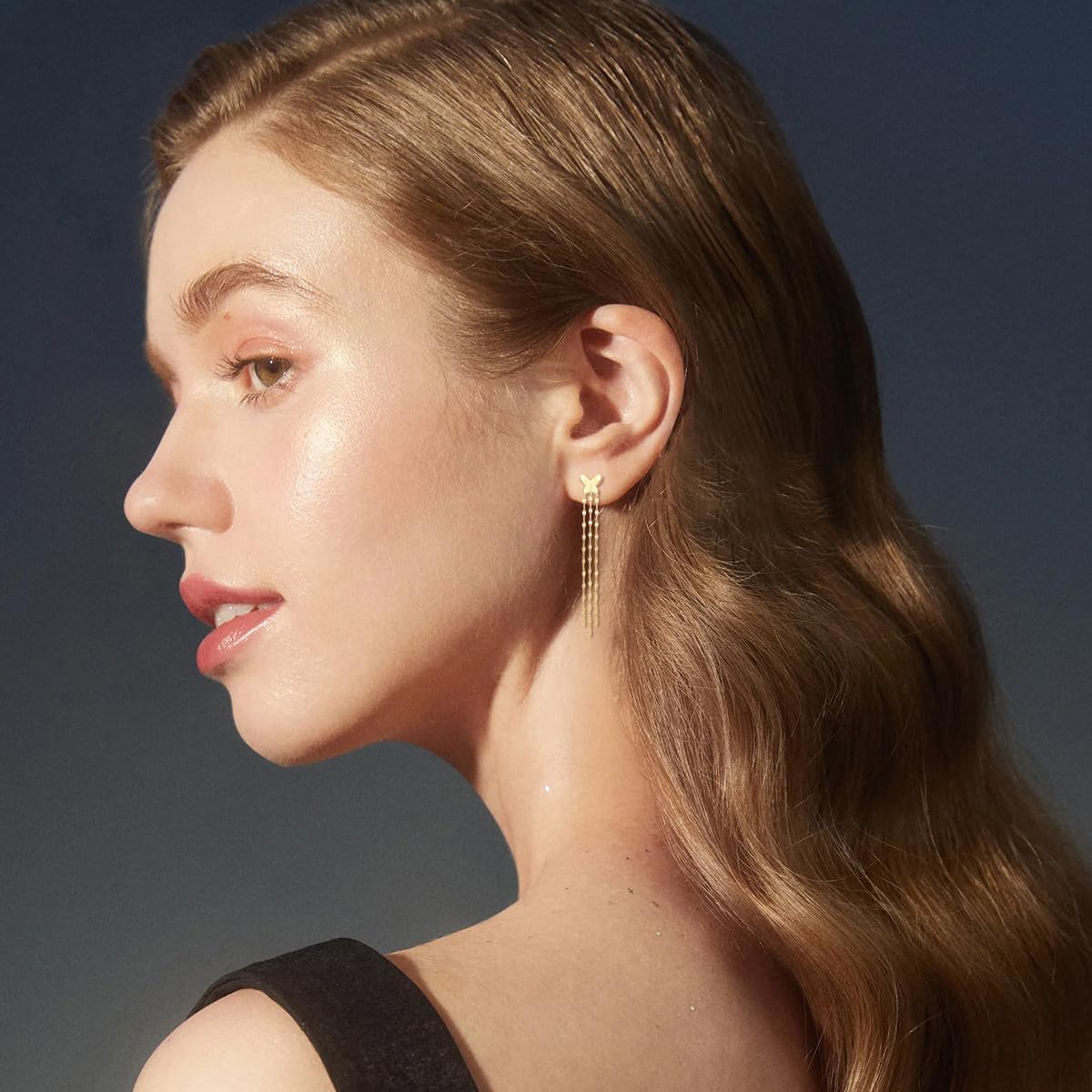 14k Gold Butterfly Dangling Tassel Earring for Women, 14kt Gold Long Chain Earrings