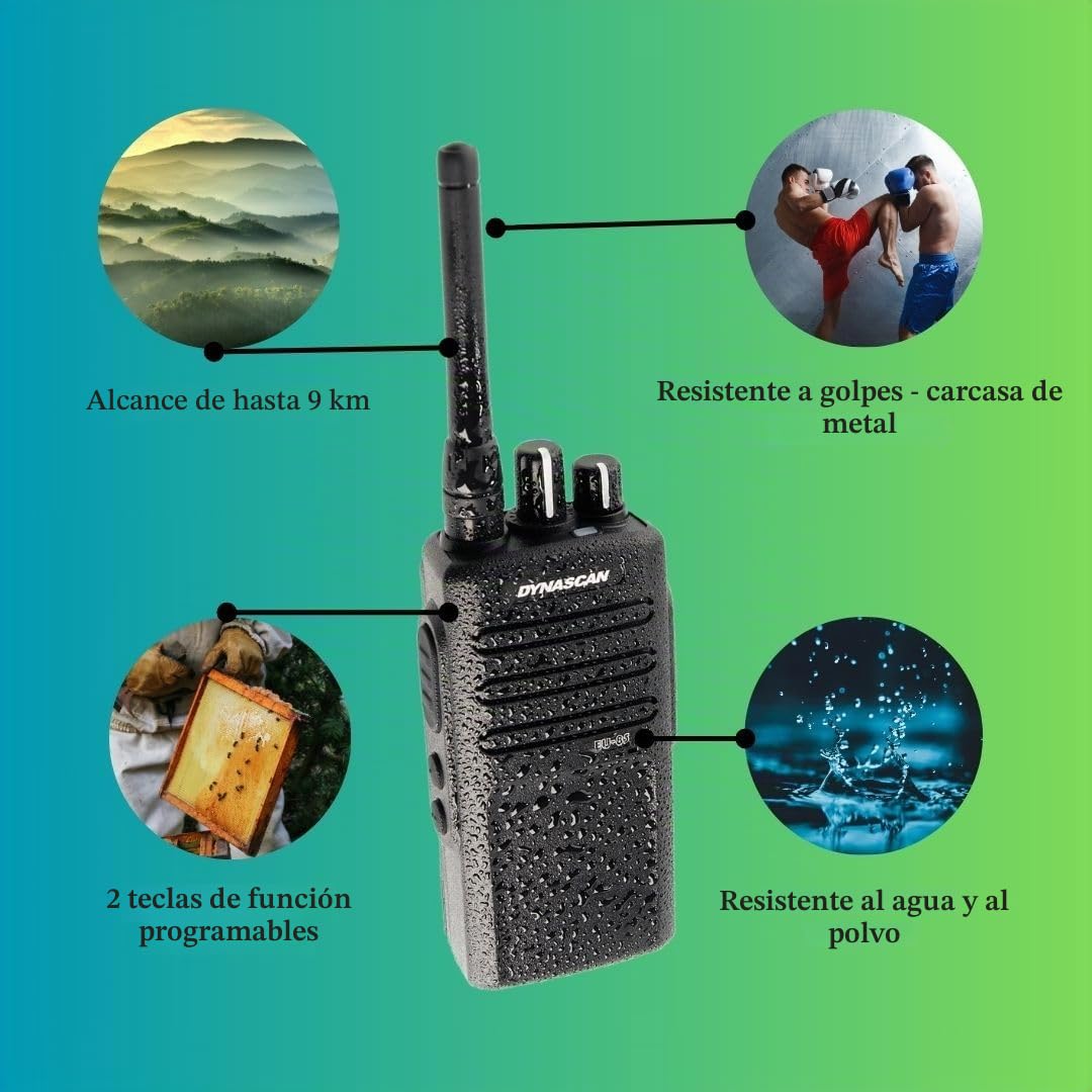 Dynascan EU-85 Walkie-Talkie PMR-446 Profesional - Transceptor de Uso Libre Sin Licencia, Chasis Metálico IP55, 16 Canales y Teclas Programables